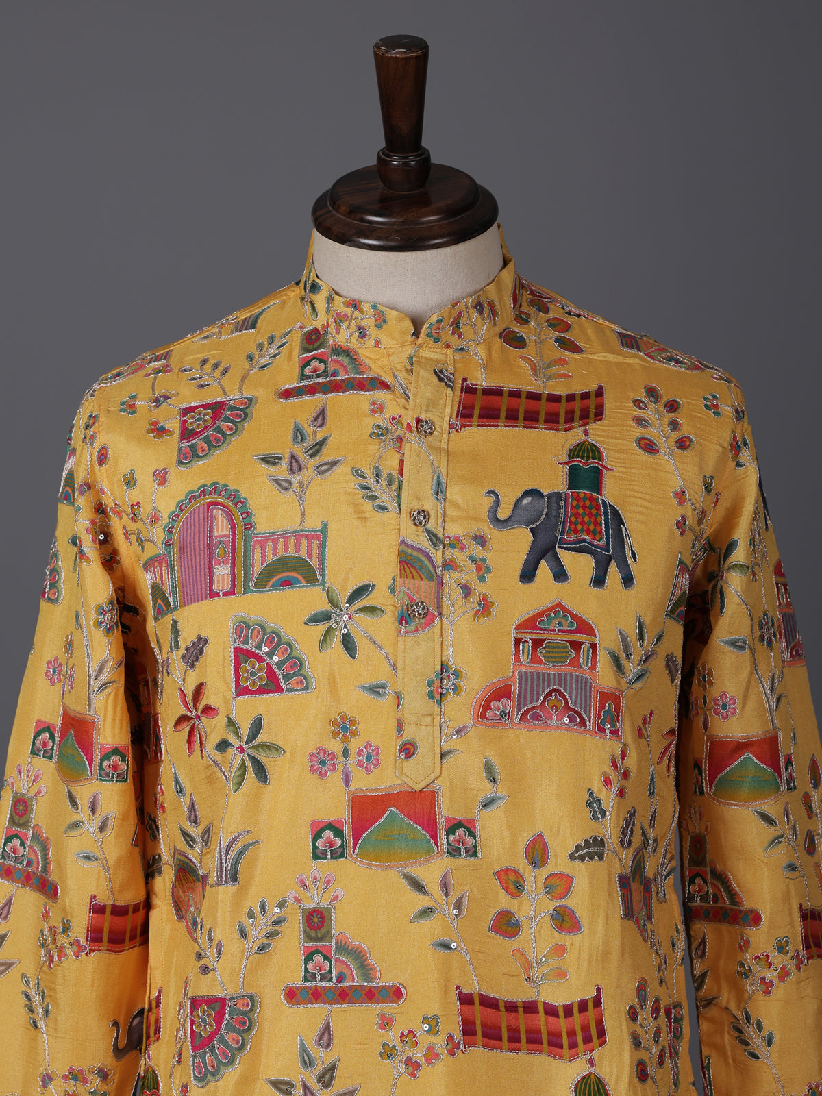Yellow silk printed thread work haldi festive kurta