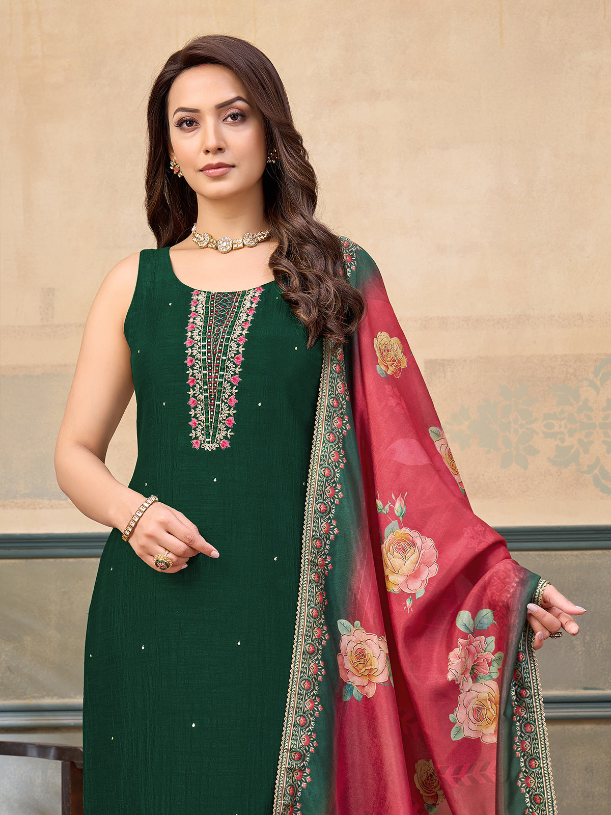 Bottle green silk embellished festive sleeveless salwar suit