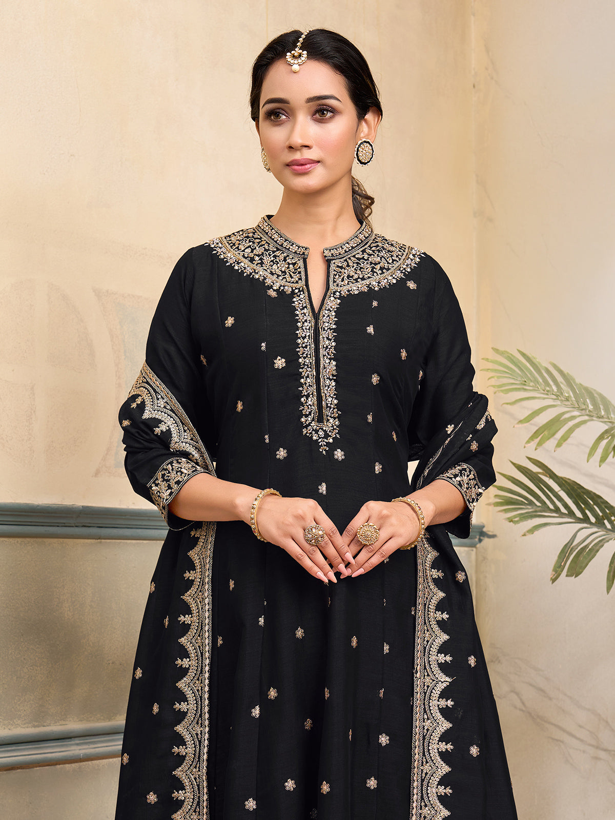 Black silk anarkali embellished festive stand collar salwar suit