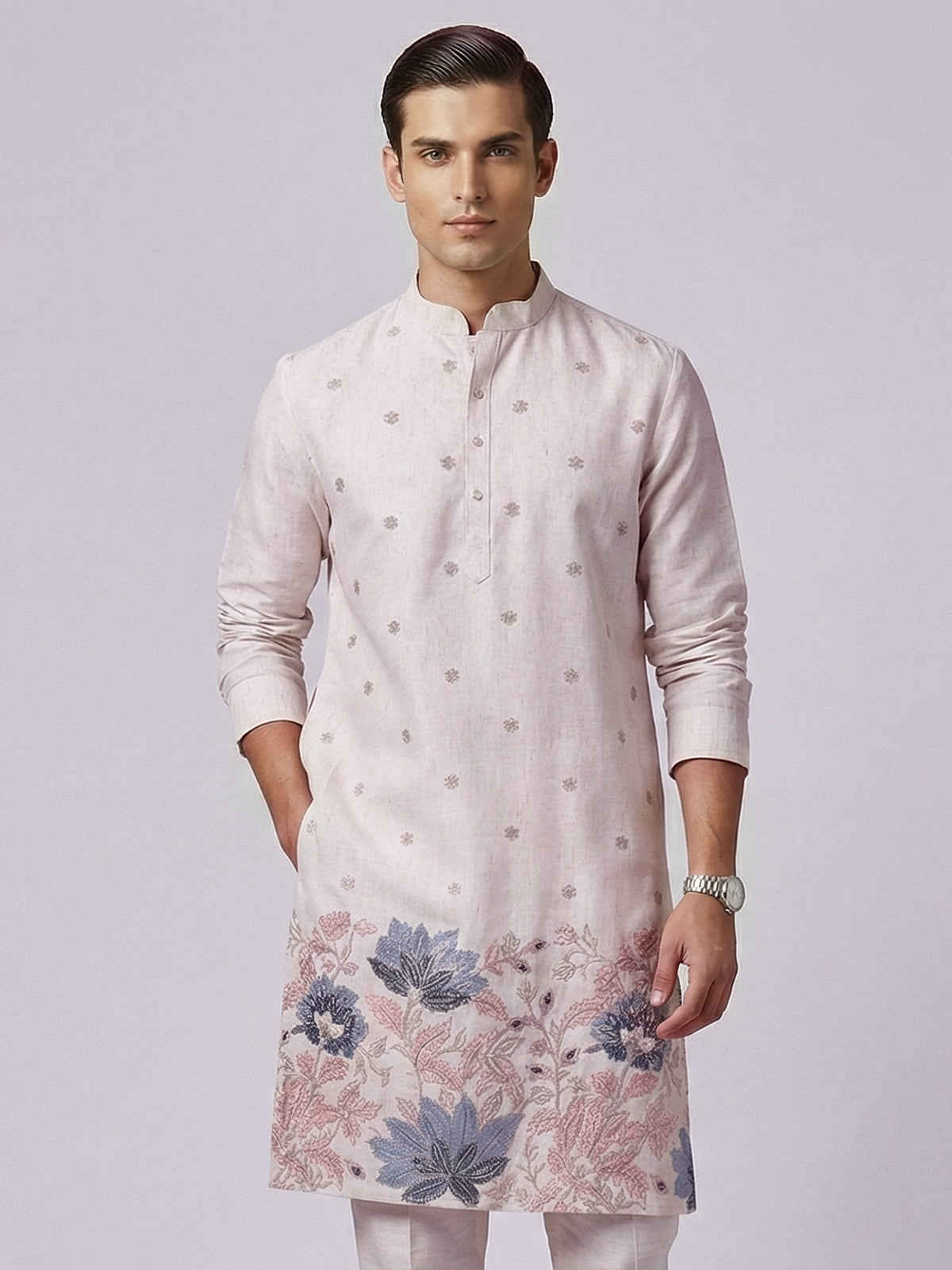 Beige cotton linen thread work wedding festive kurta