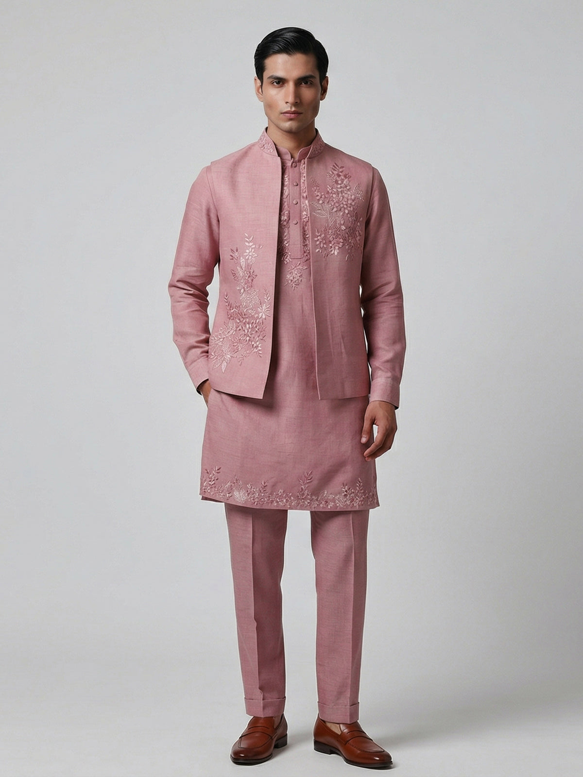 Onion pink silk resham work wedding waistcoat set