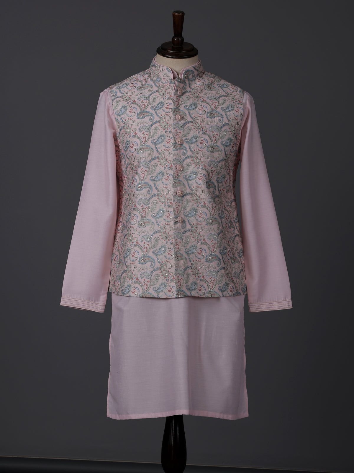 Light pink silk printed sequins festive waistcoat set
