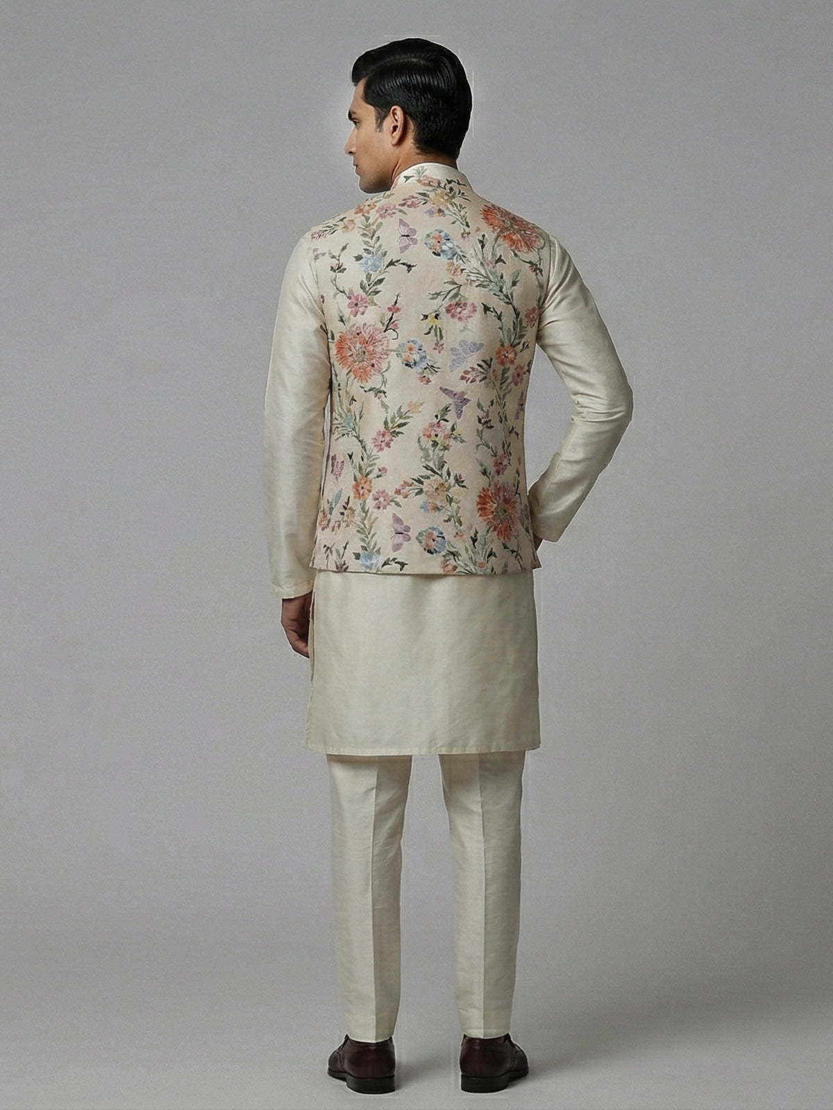 Cream silk floral mirror work festive waistcoat set