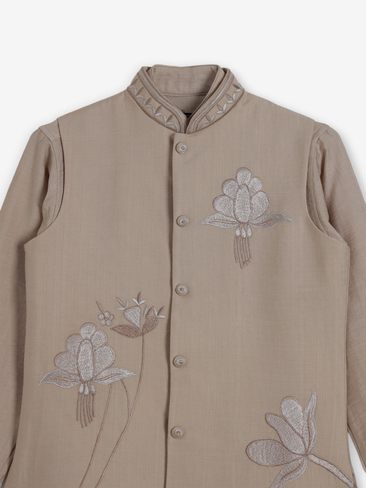 Beige linen embroidered festive wear waistcoat set