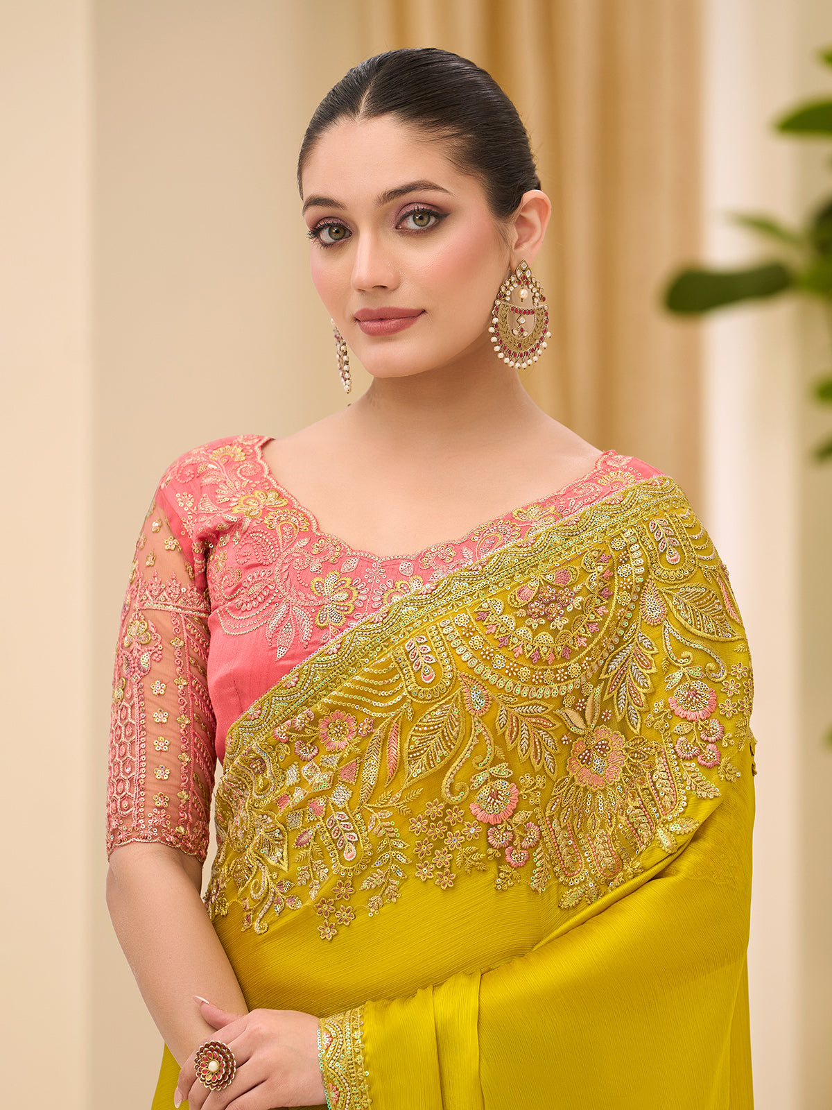 Yellow festive wear saree in satin chiffon