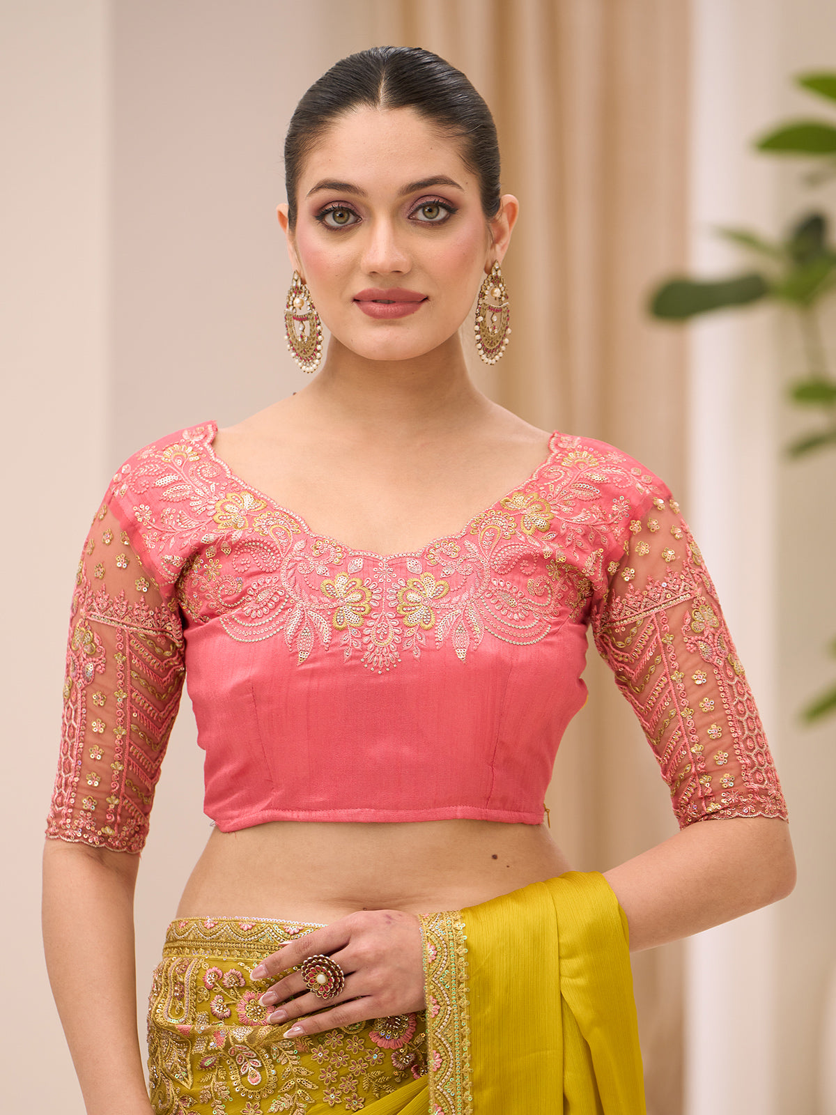 Yellow festive wear saree in satin chiffon