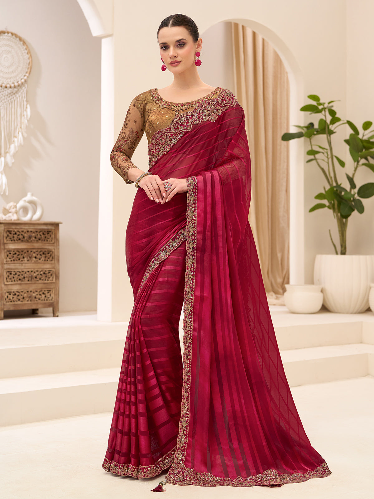 Maroon georgette saree for party celebration