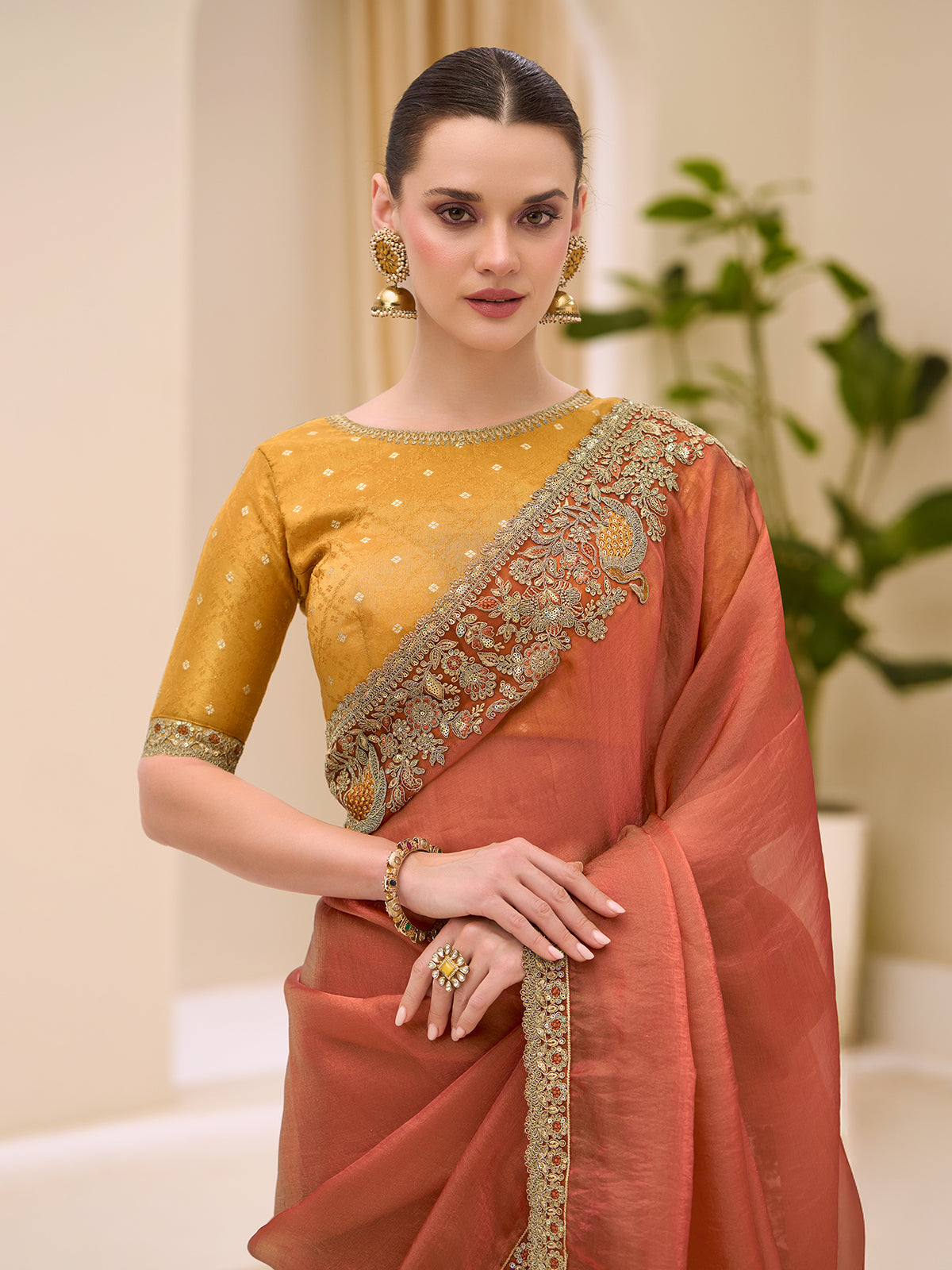 Rust orange festive wear silk saree