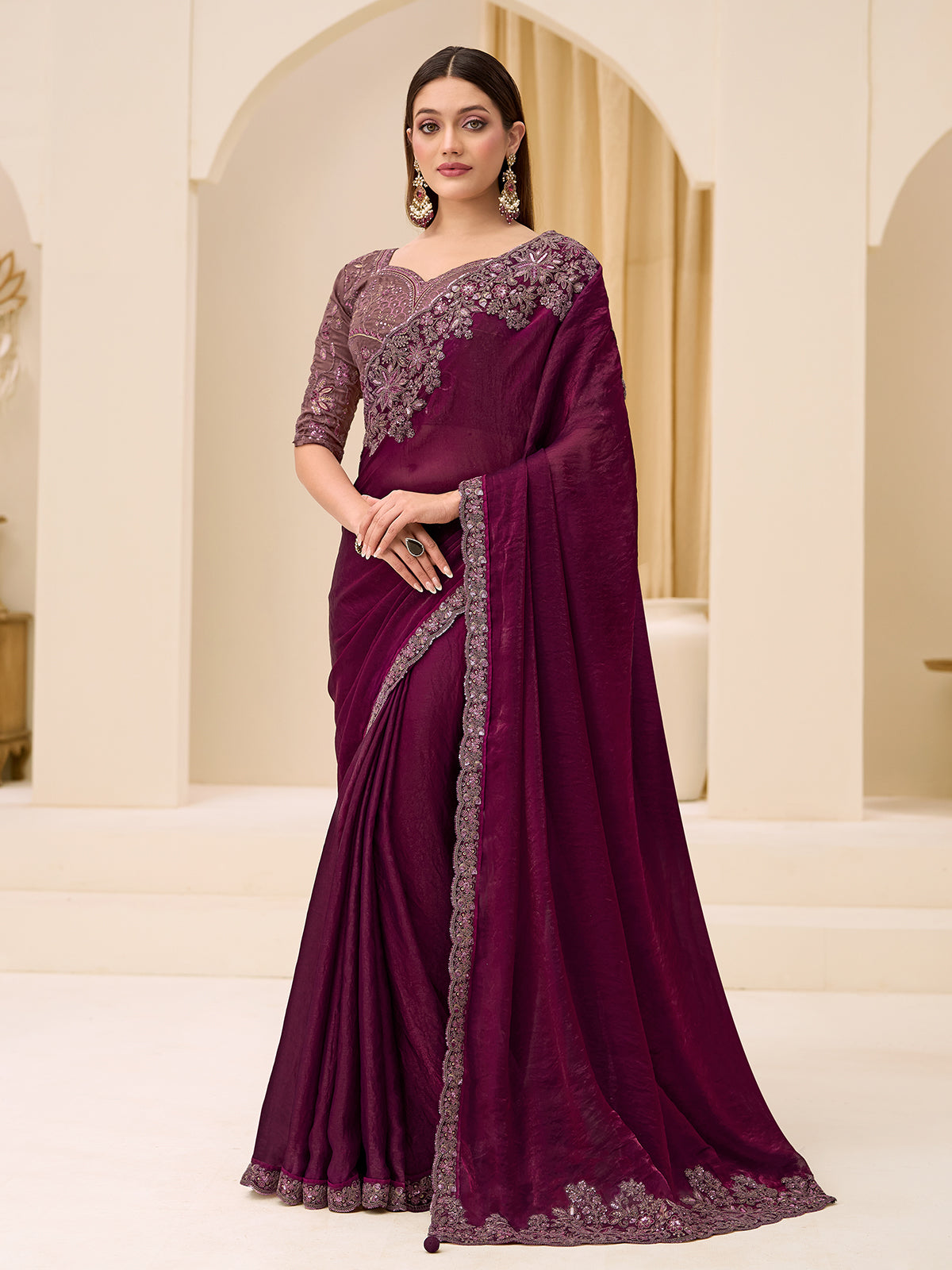 Wine party wear satin silk saree with resham detailing