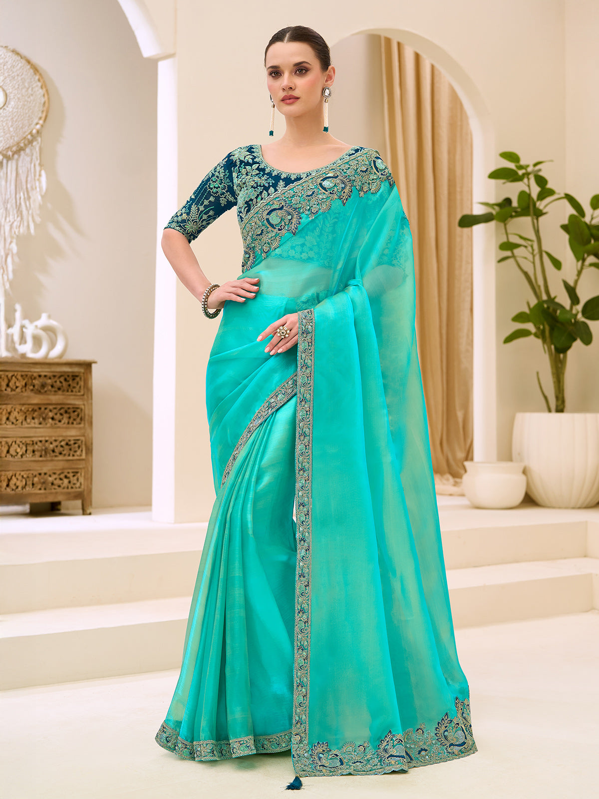 Firozi blue festive wear georgette tissue saree