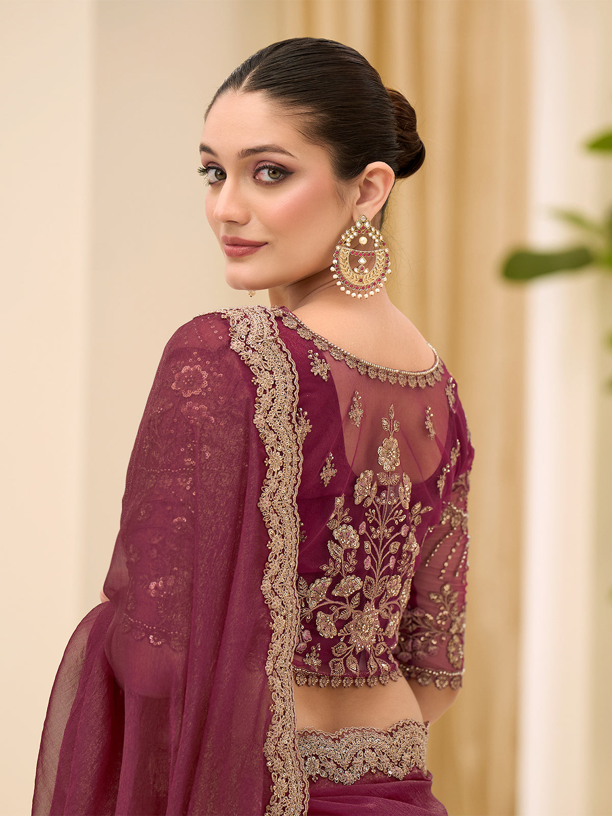 Maroon georgette saree with resham and sequins detailing