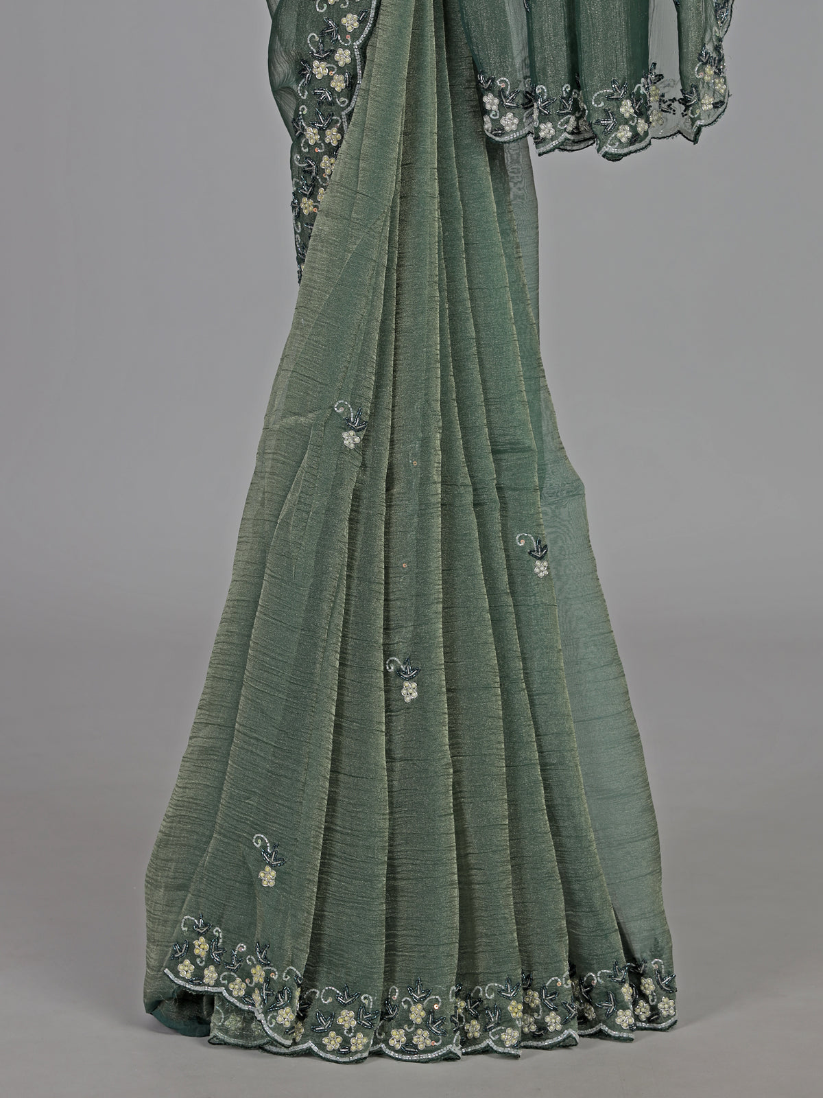Mehendi green chiffon zardosi embellished festive saree