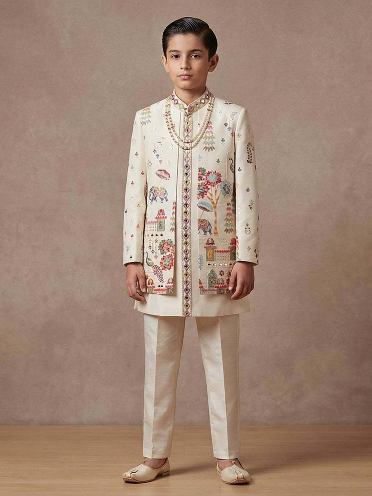 Cream terry rayon embroidered long jacket indowestern