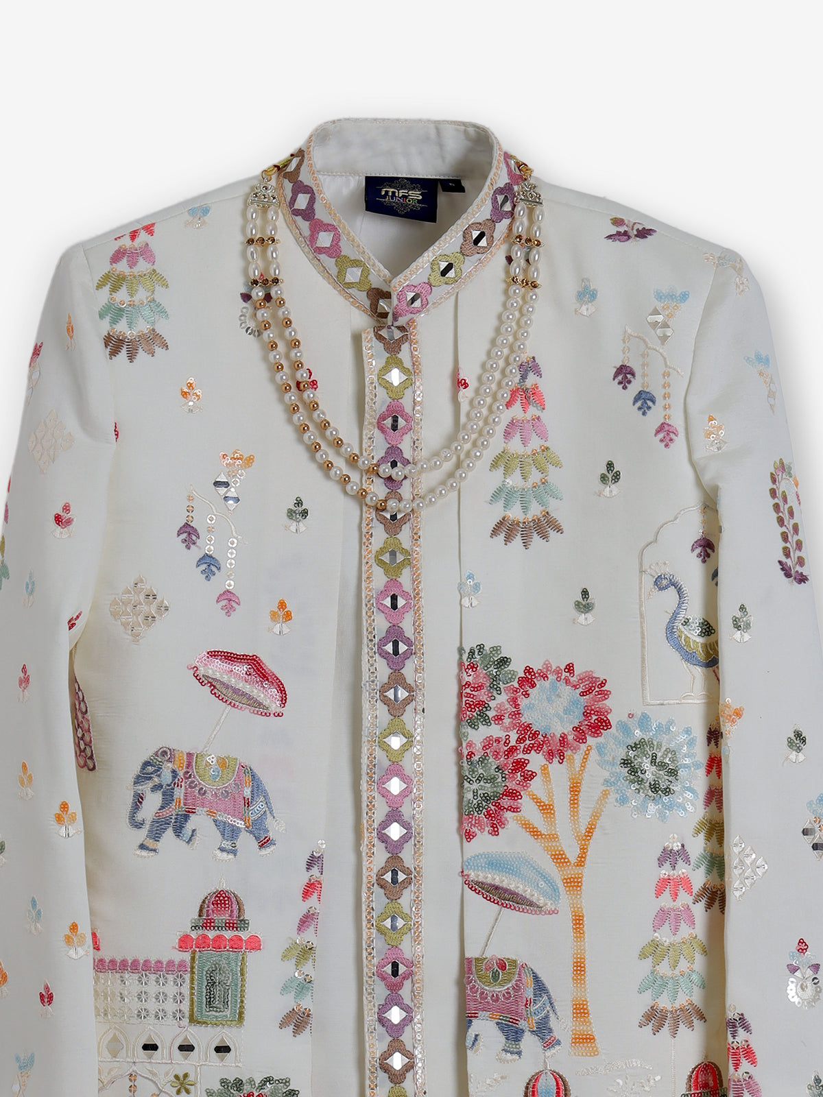 Cream terry rayon embroidered long jacket indowestern