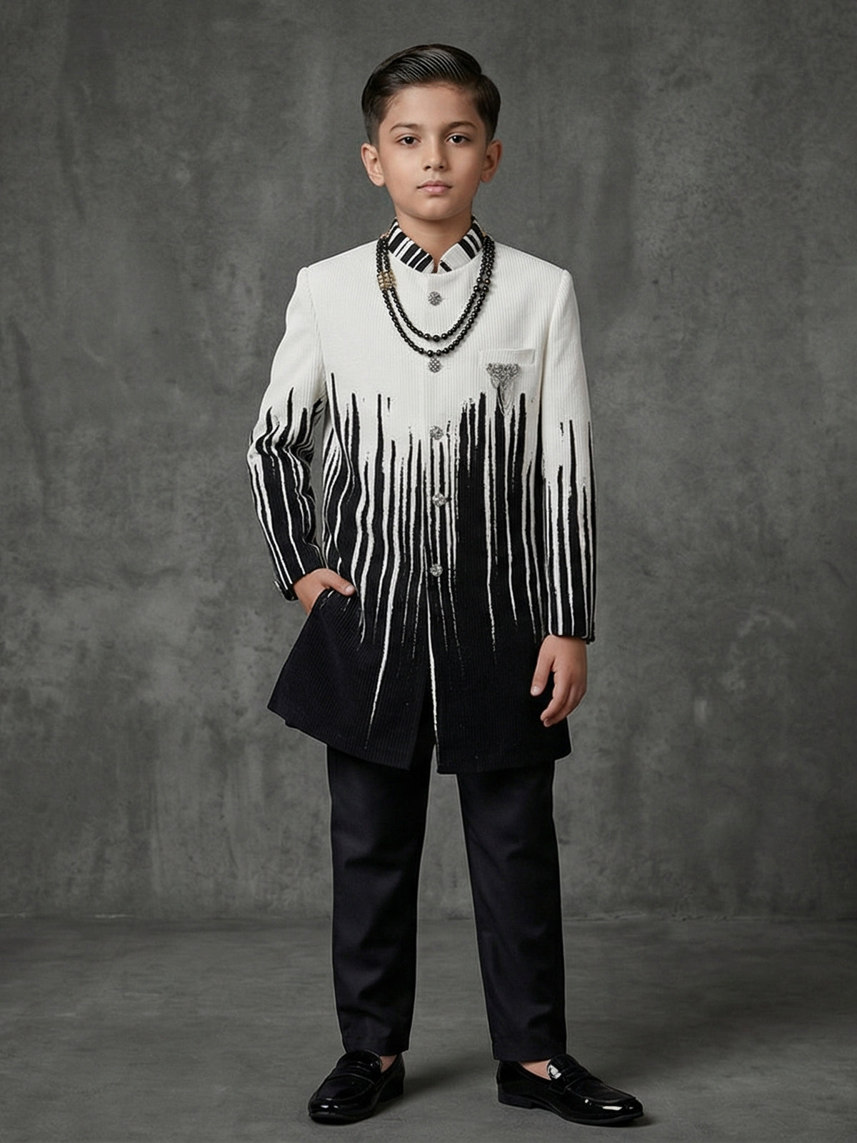 Black white printed brooch boys party wear indowestern
