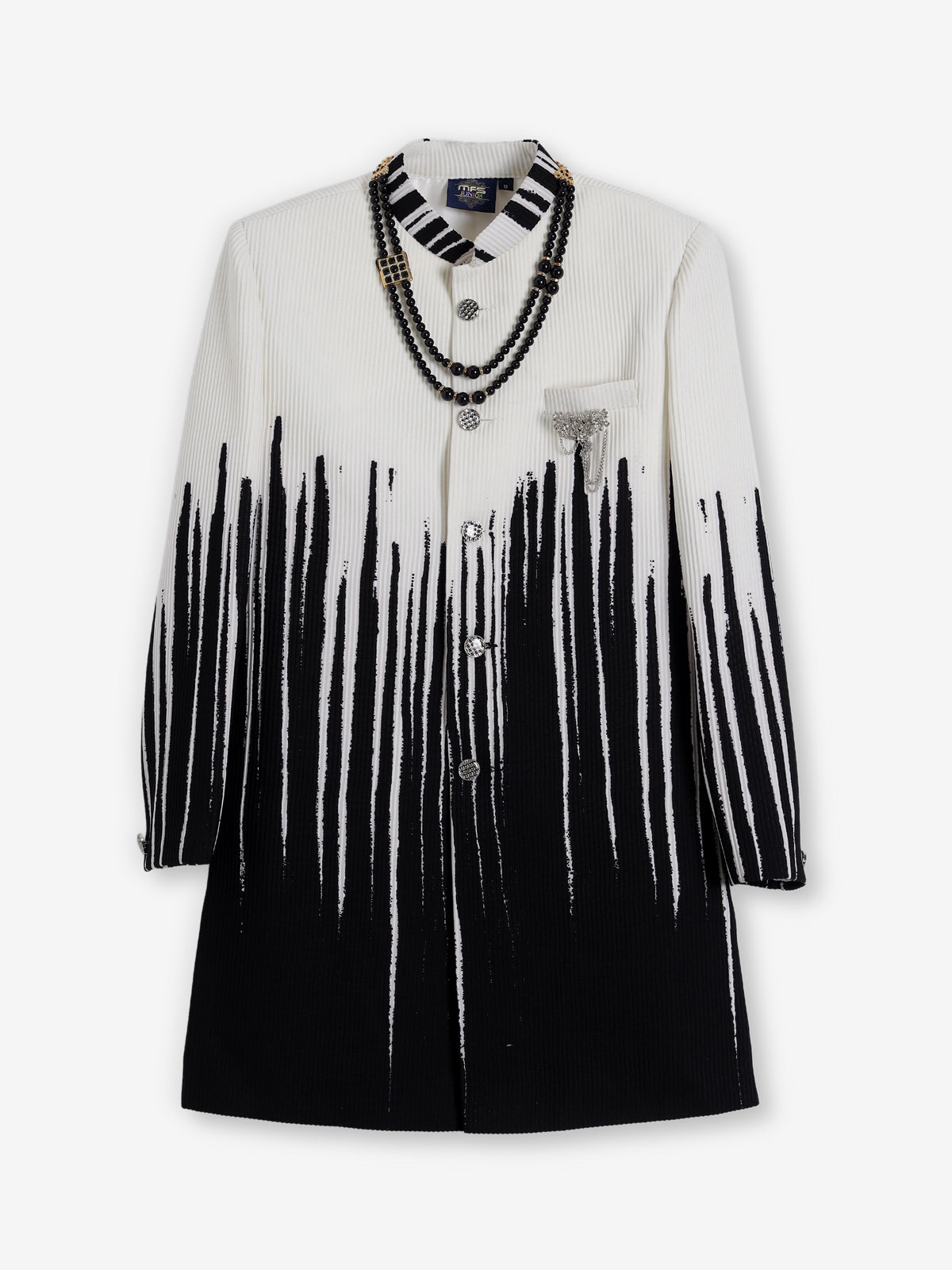 Black white printed brooch boys party wear indowestern
