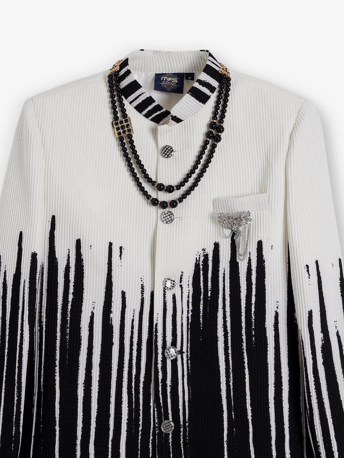 Black white printed brooch boys party wear indowestern