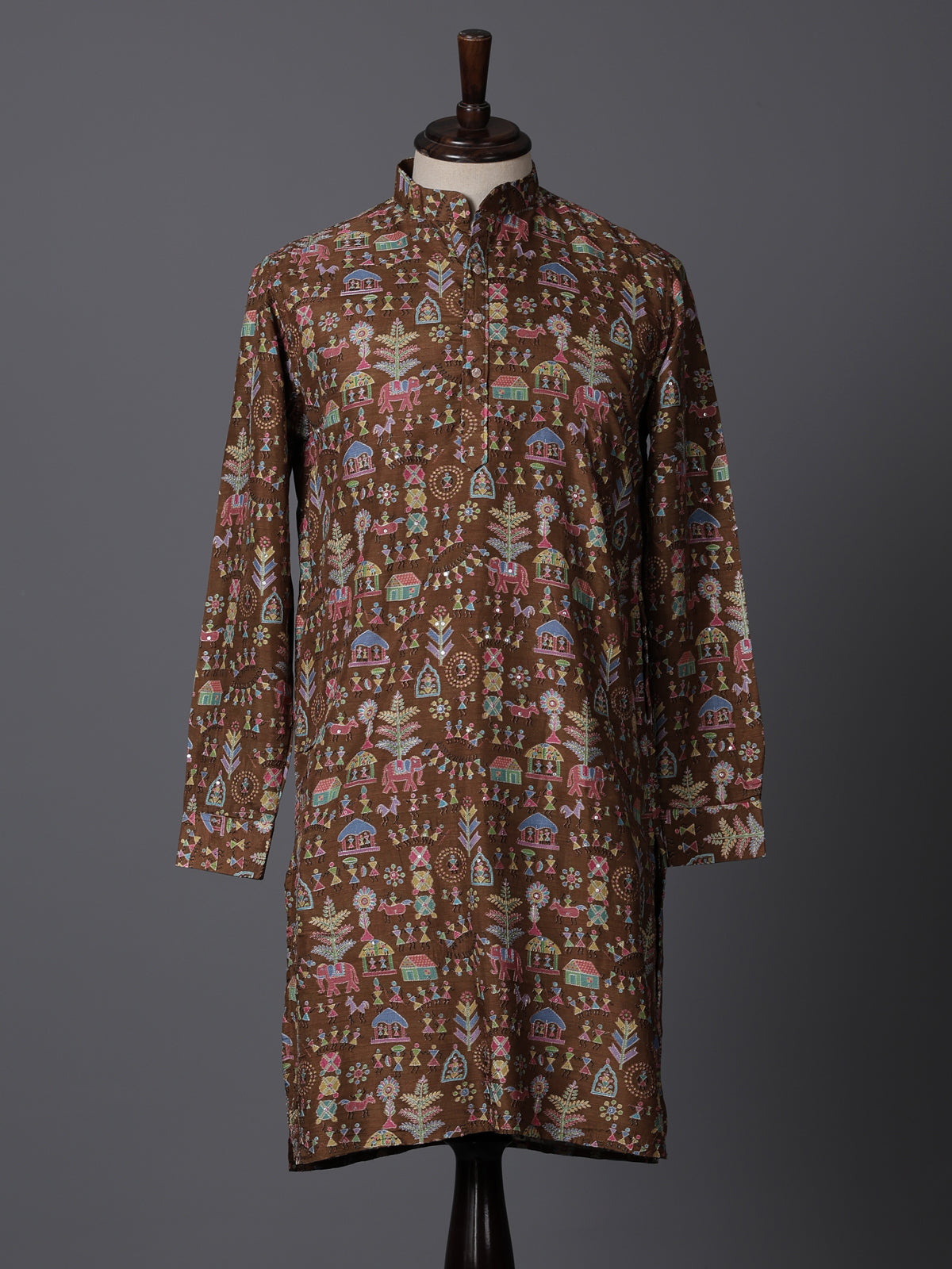 Brown silk printed thread sequins festive wear kurta