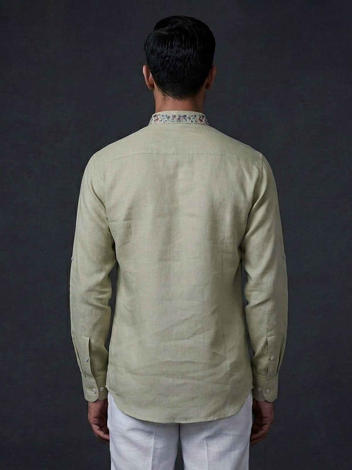 Beige linen embroidered short pathani festive kurta