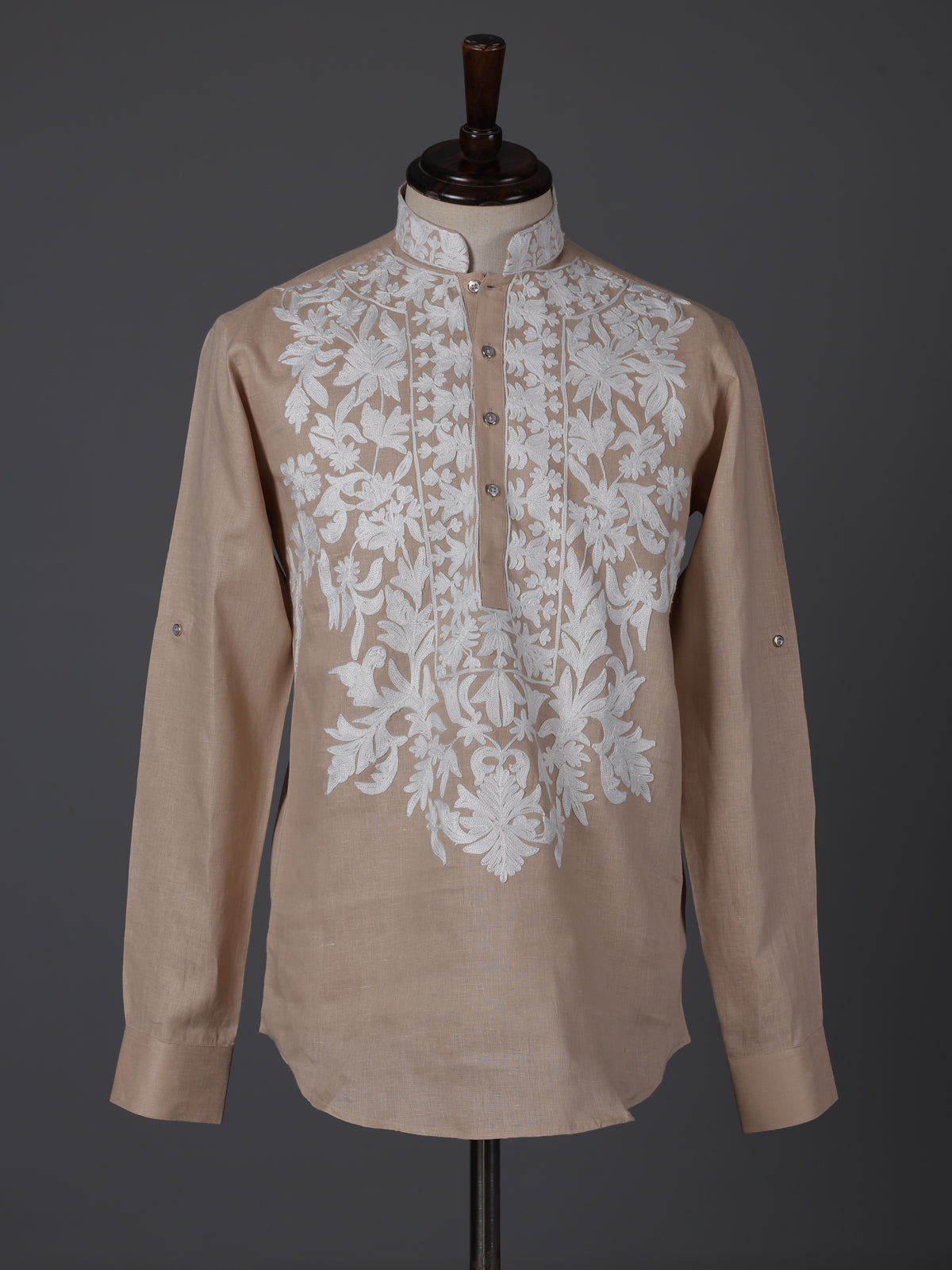 Beige linen thread work short pathani festive kurta