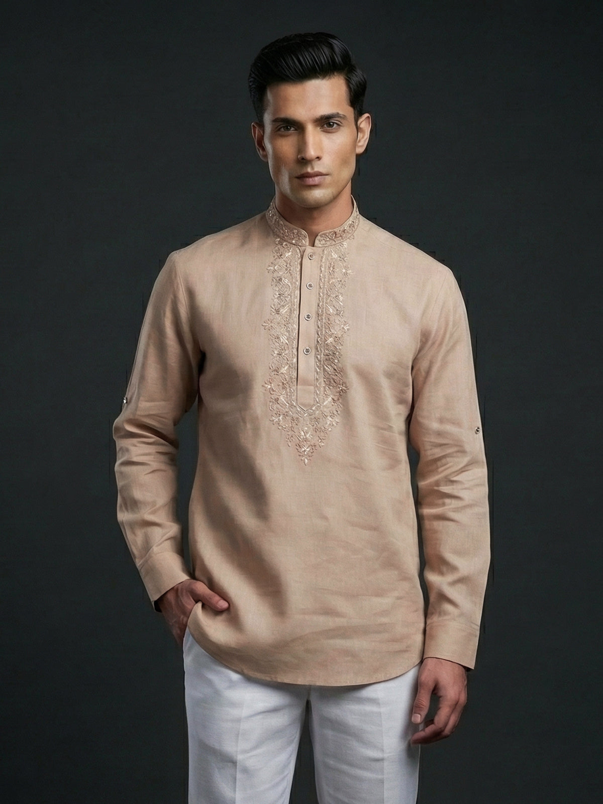 Peach linen embroidered short pathani festive kurta