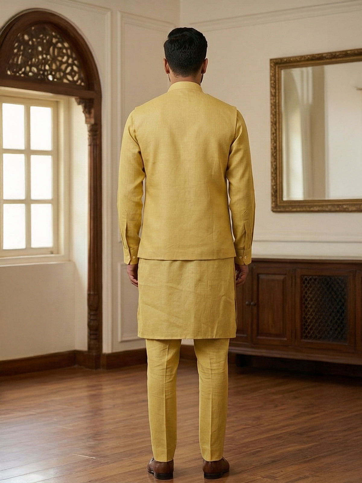 Yellow cotton blend embellished festive waistcoat set