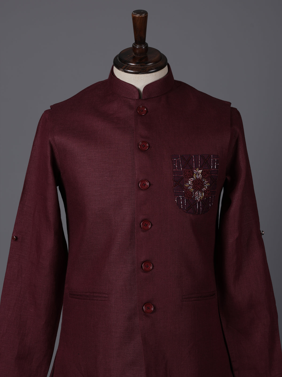 Wine cotton blend embellished festive waistcoat set