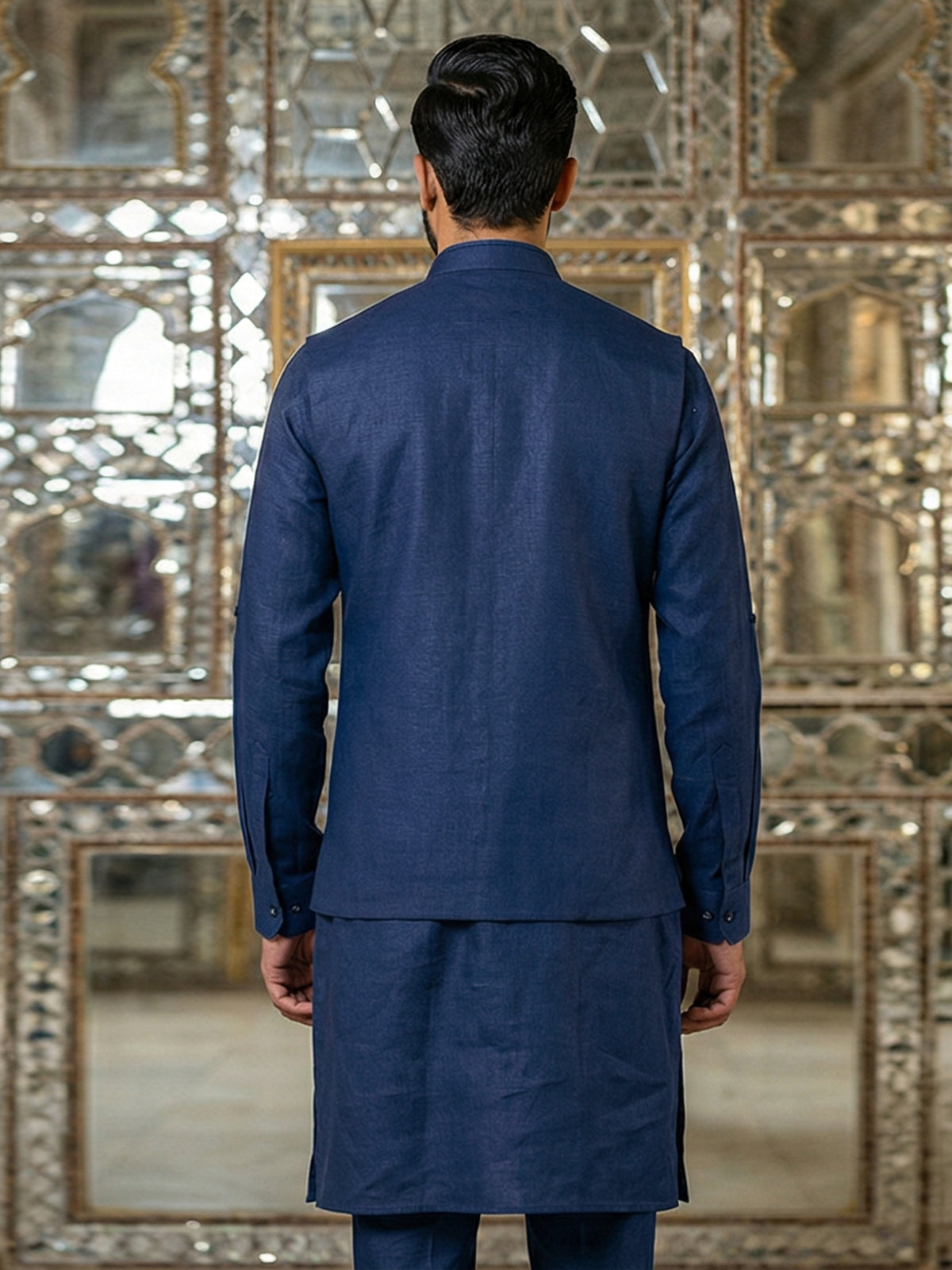 Blue cotton blend embellished festive waistcoat set