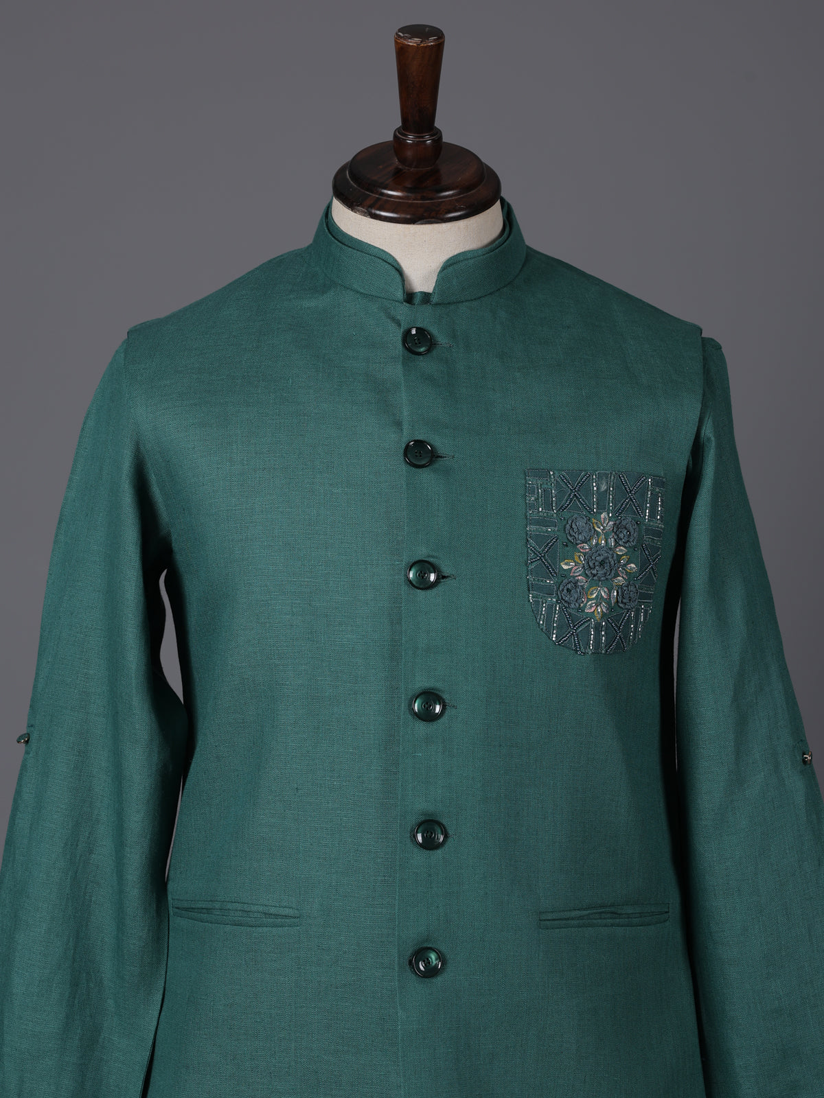 Green cotton blend embellished festive waistcoat set