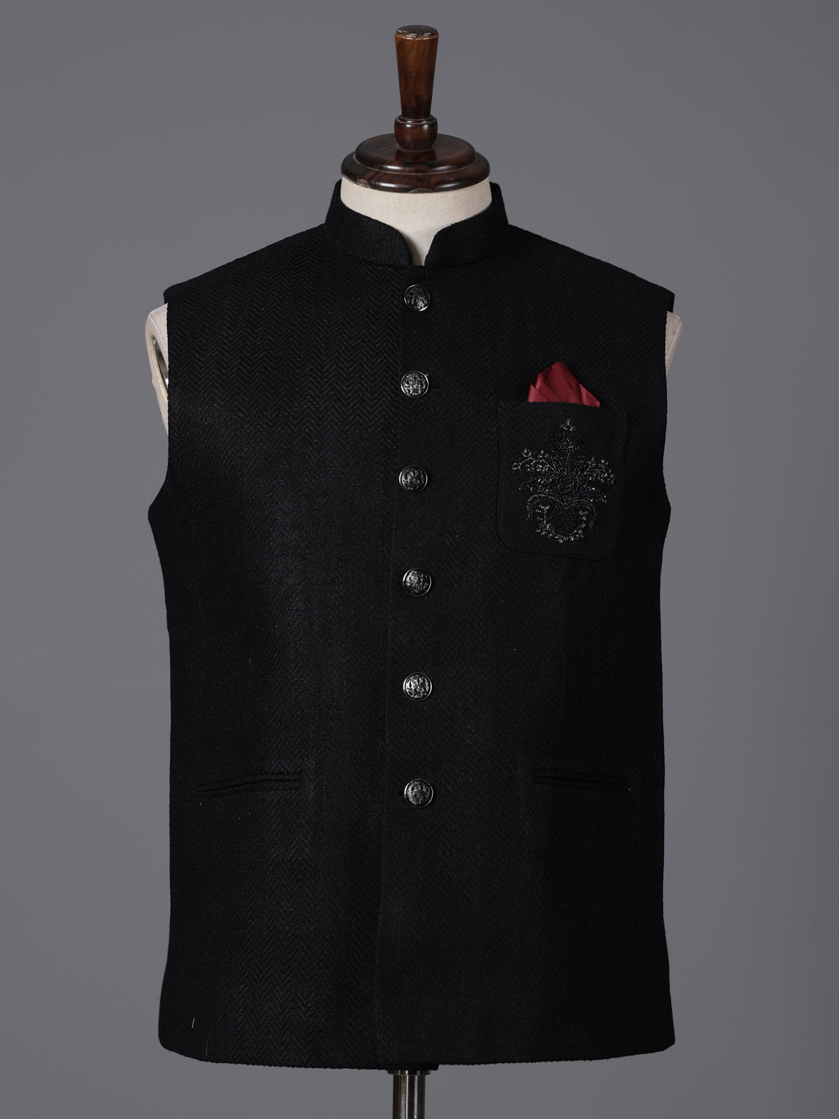 Black cotton textured embellished festive waistcoat
