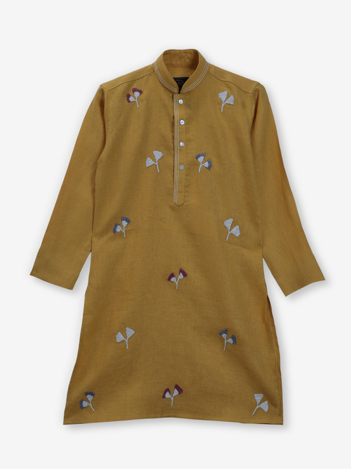 Mustard yellow cotton linen thread work festive boys kurta set