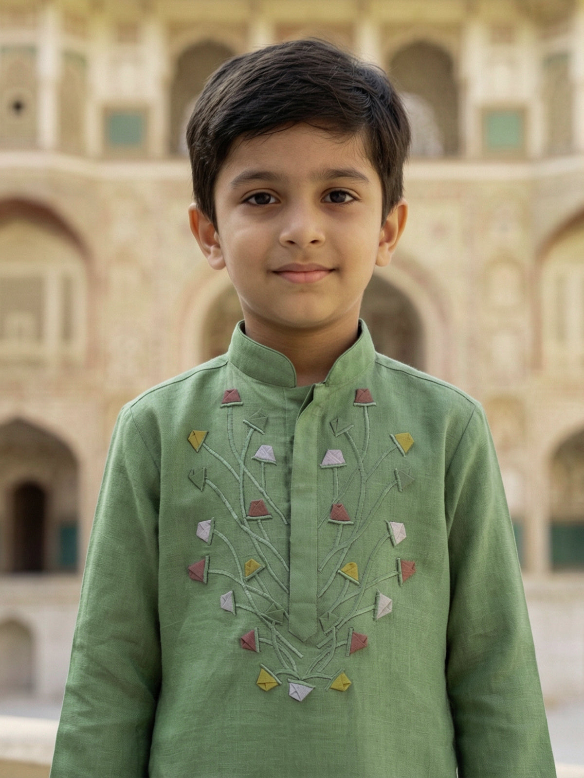 Pista green cotton linen embroidered festive boys kurta set