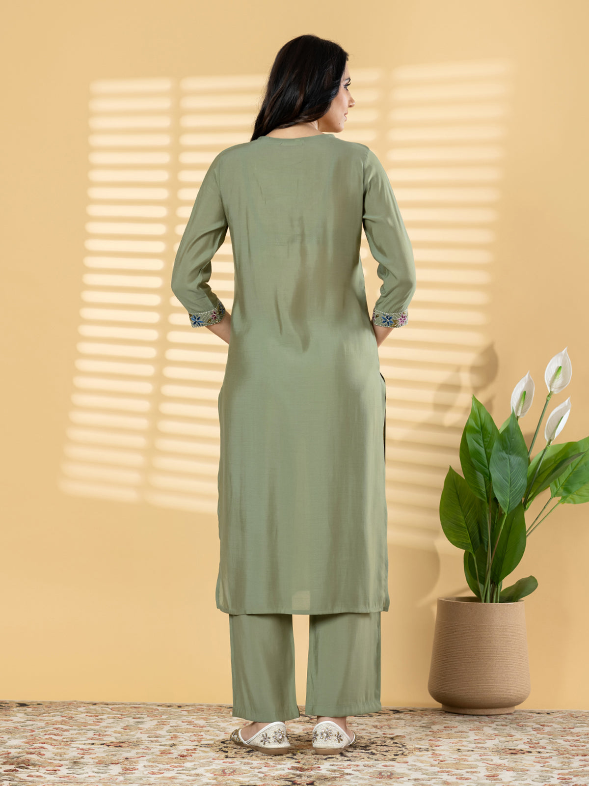 Olive green straight cut silk kurti set