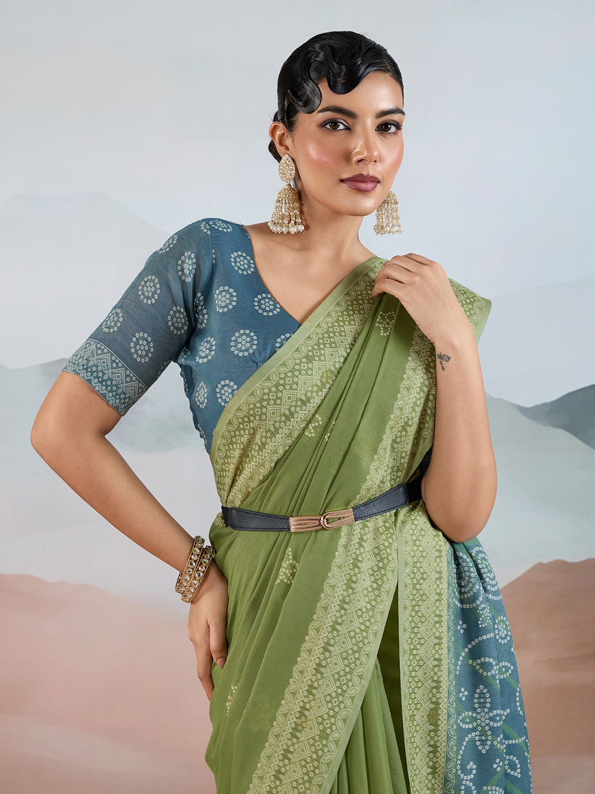 Pista green bandhej inspired viscose cotton saree