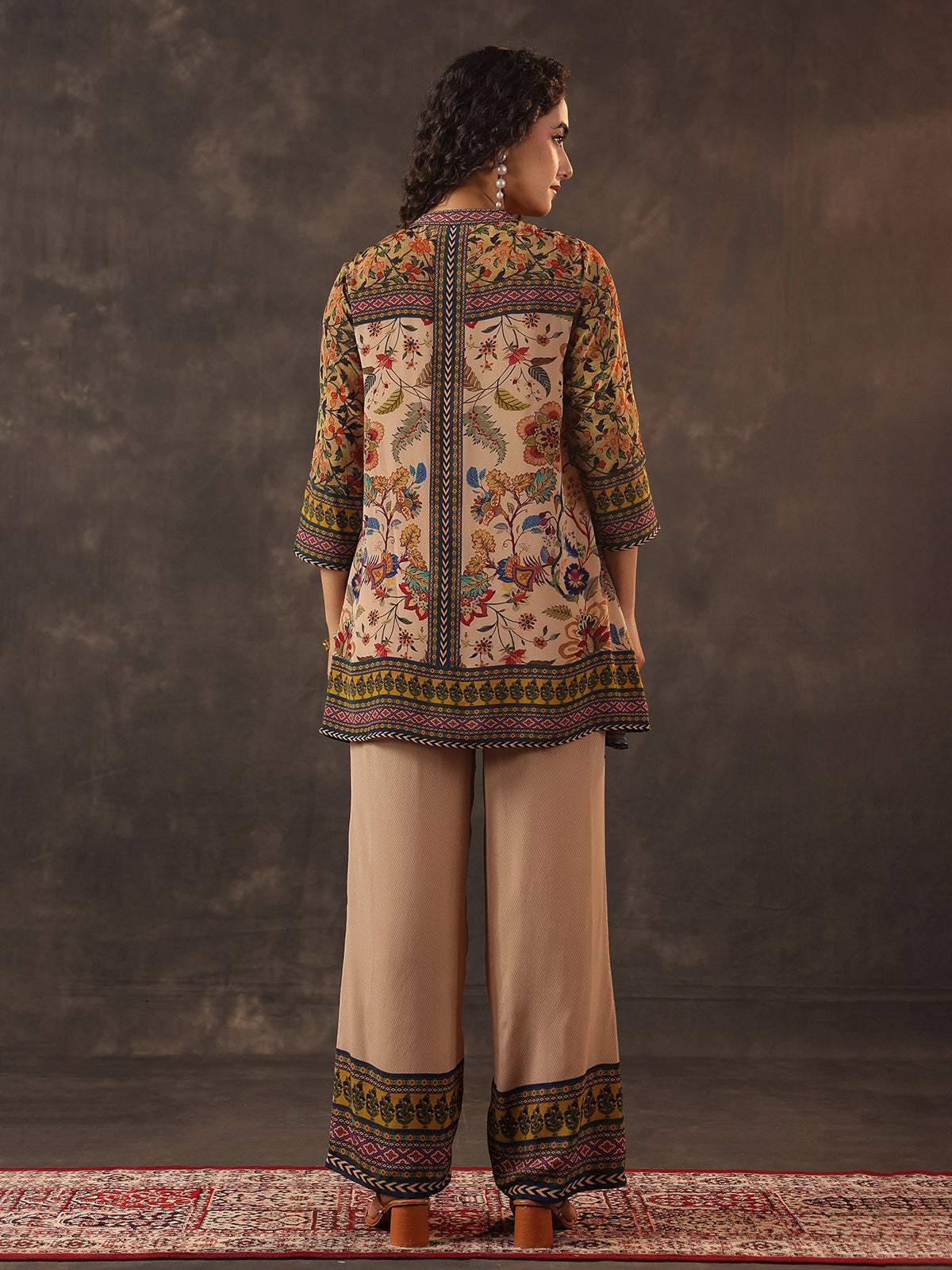 Beige printed silk sequins elegant co ord set
