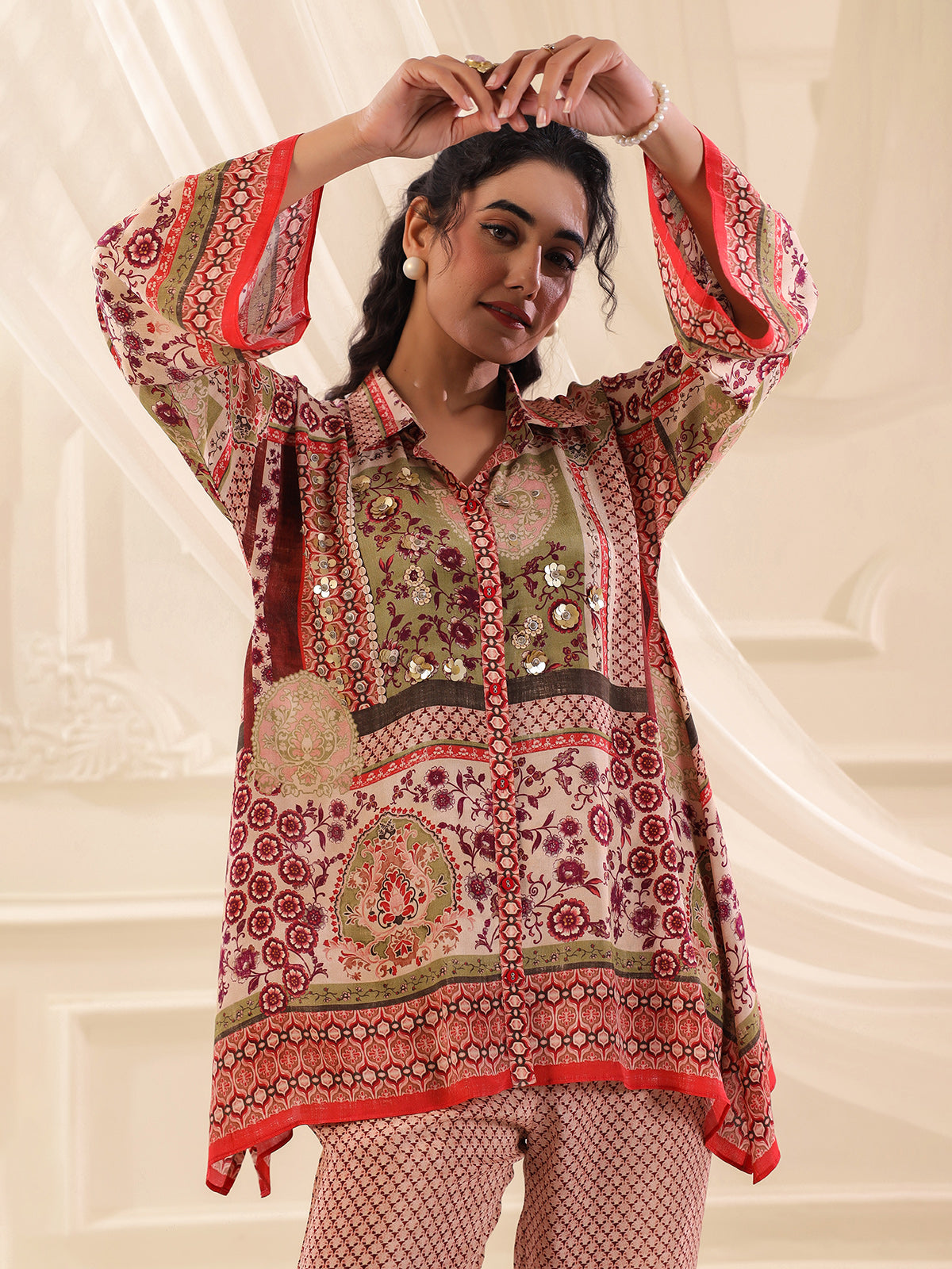 Beige printed silk collar neck co ord set
