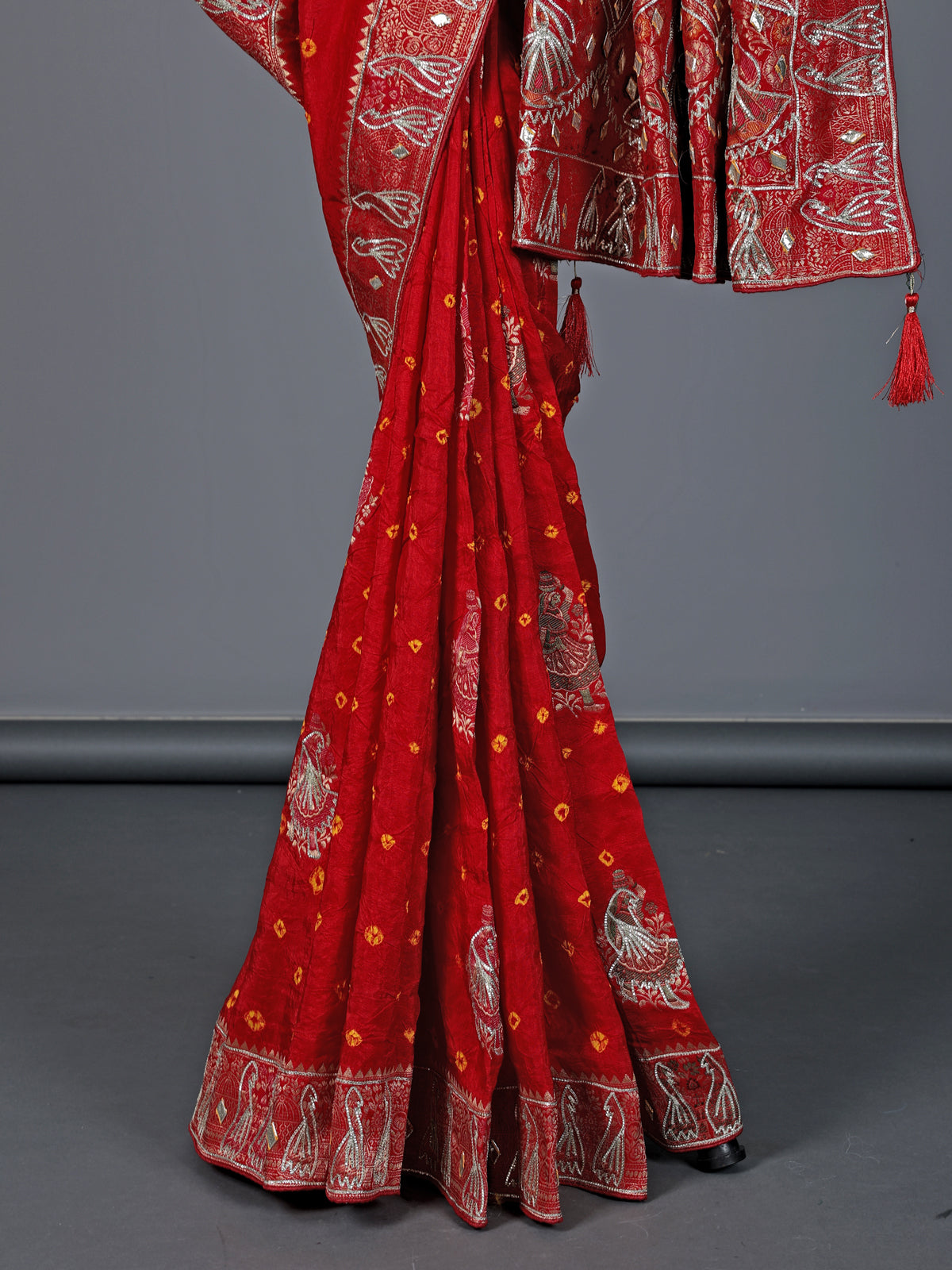 Red bandhej silk printed gota and zari festive saree