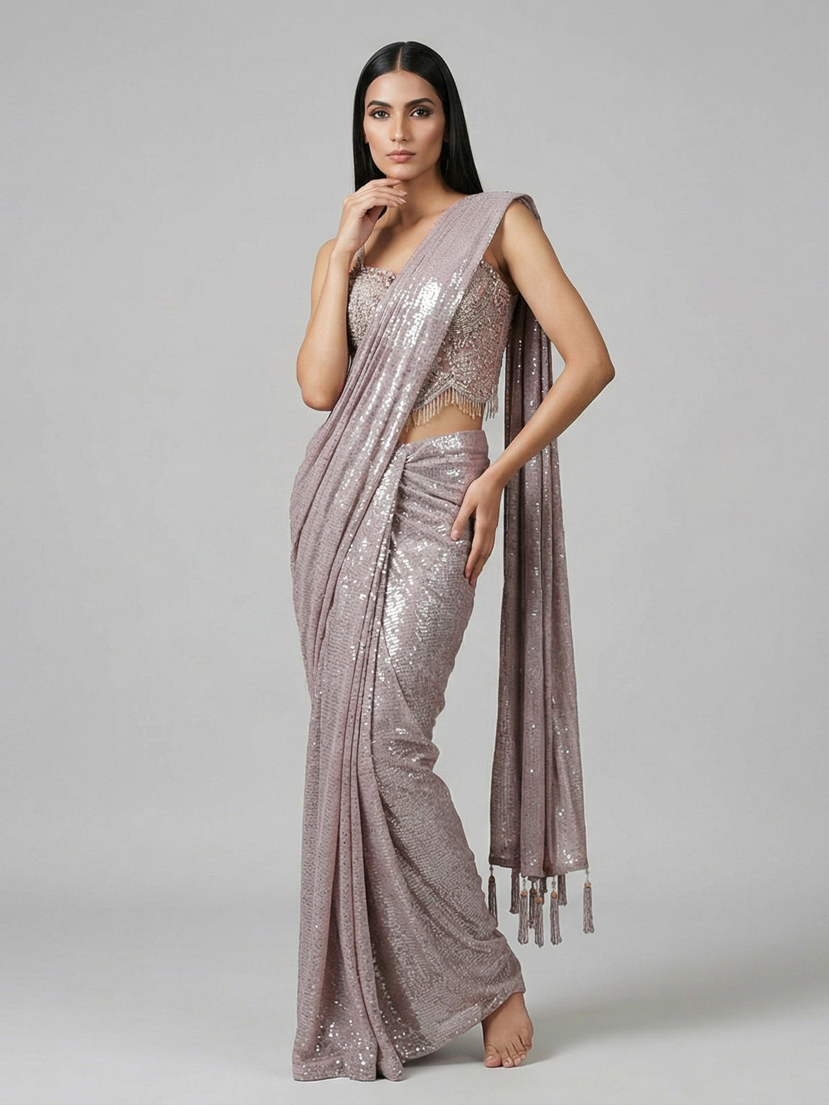 Dusty purple sequins fabric ready to wear saree