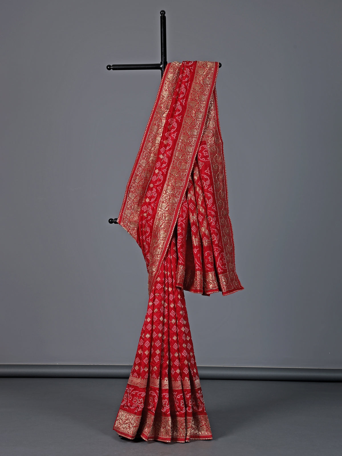 Red bandhej dola silk zari festive saree