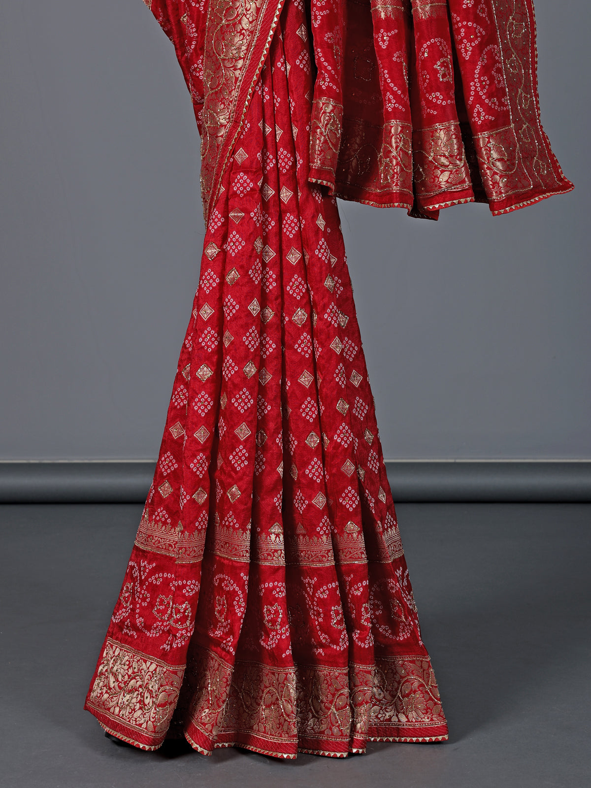 Red bandhej dola silk zari festive saree