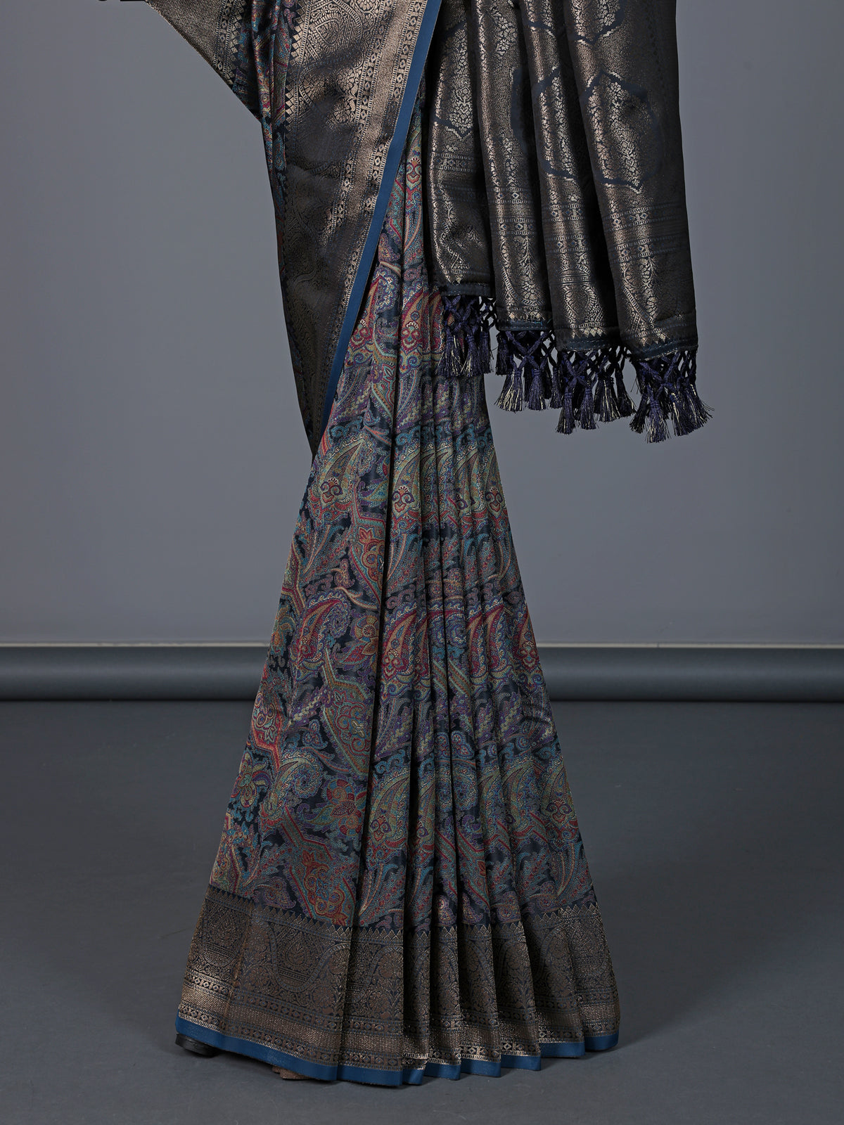 Navy blue art pashmina silk festive zari saree