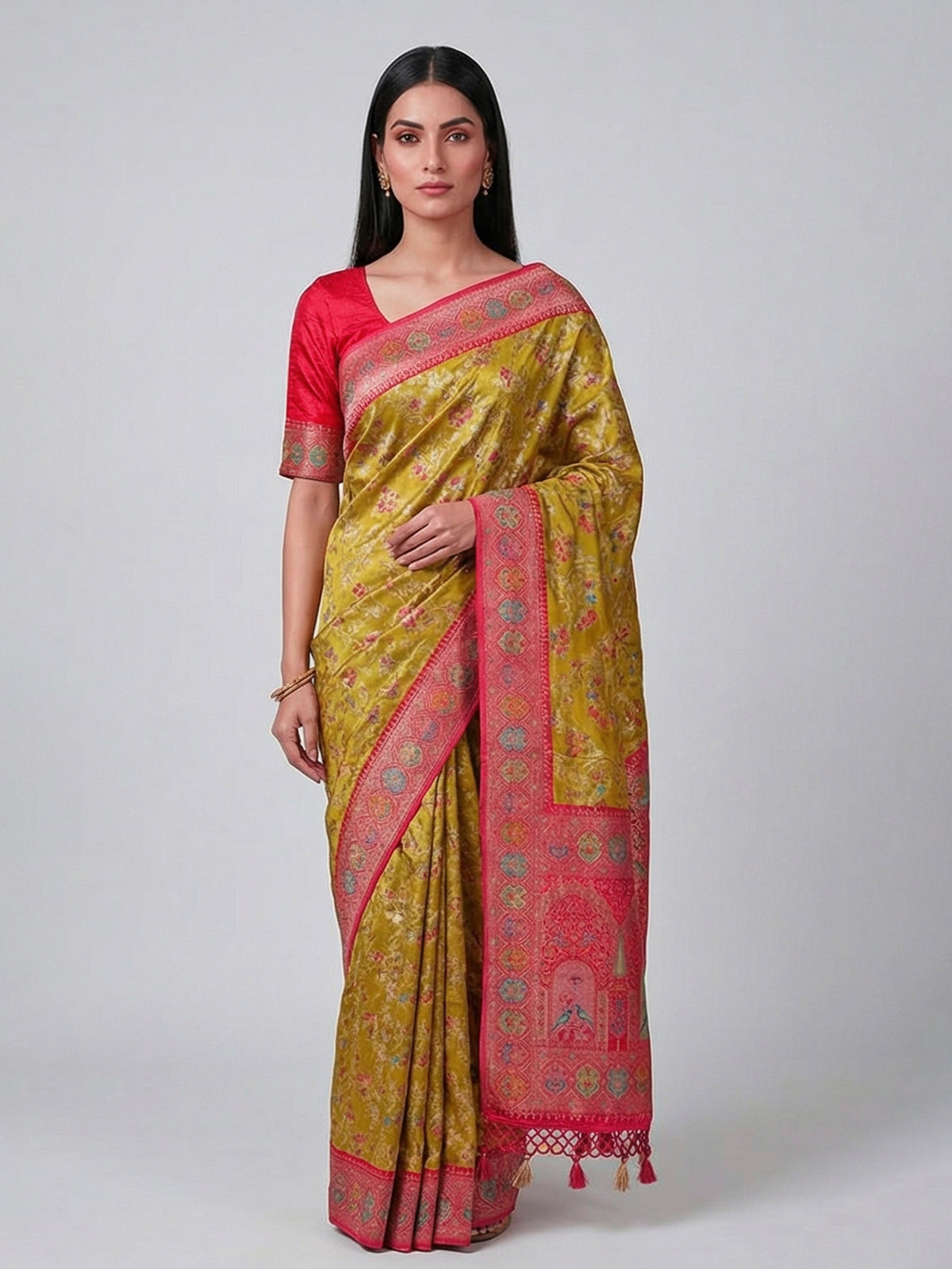 Mehendi yellow satin silk zari festive saree
