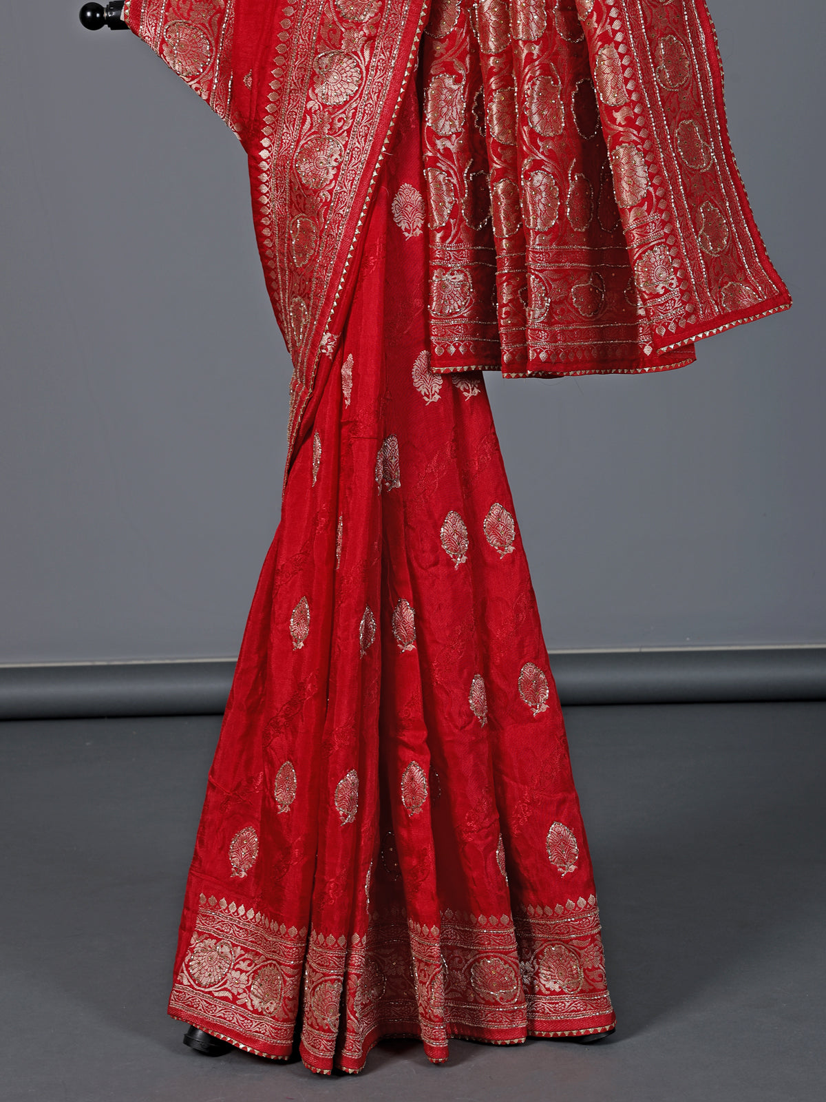 Red dola silk embellished wedding festive saree