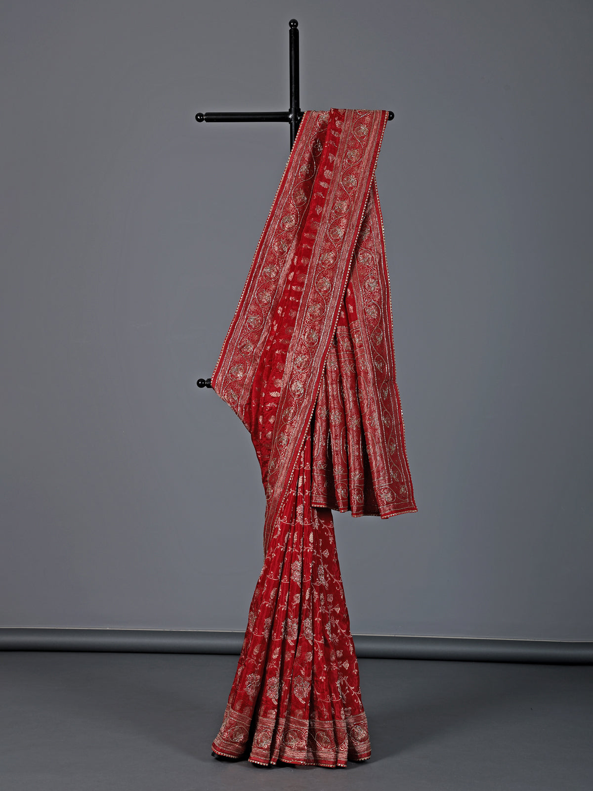 Red dola silk traditional festive embellished saree