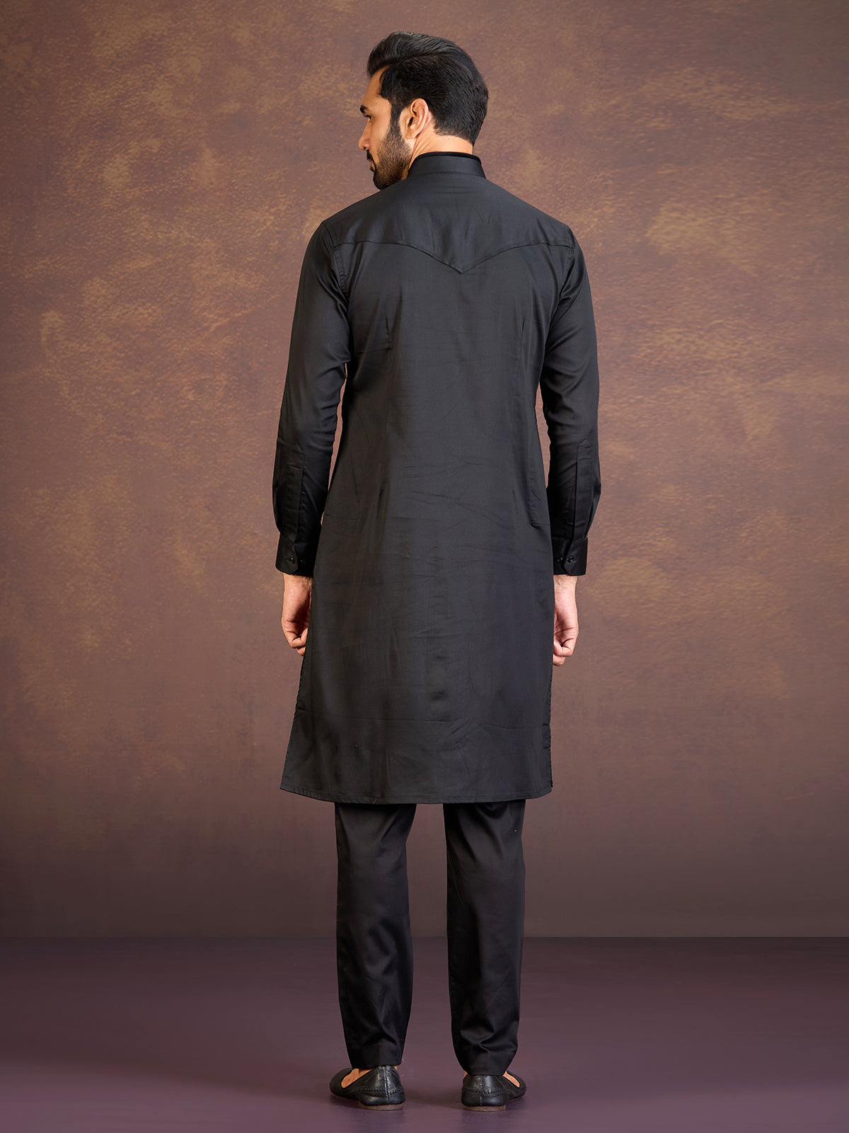 Black satin cotton lycra pathani suit for reception