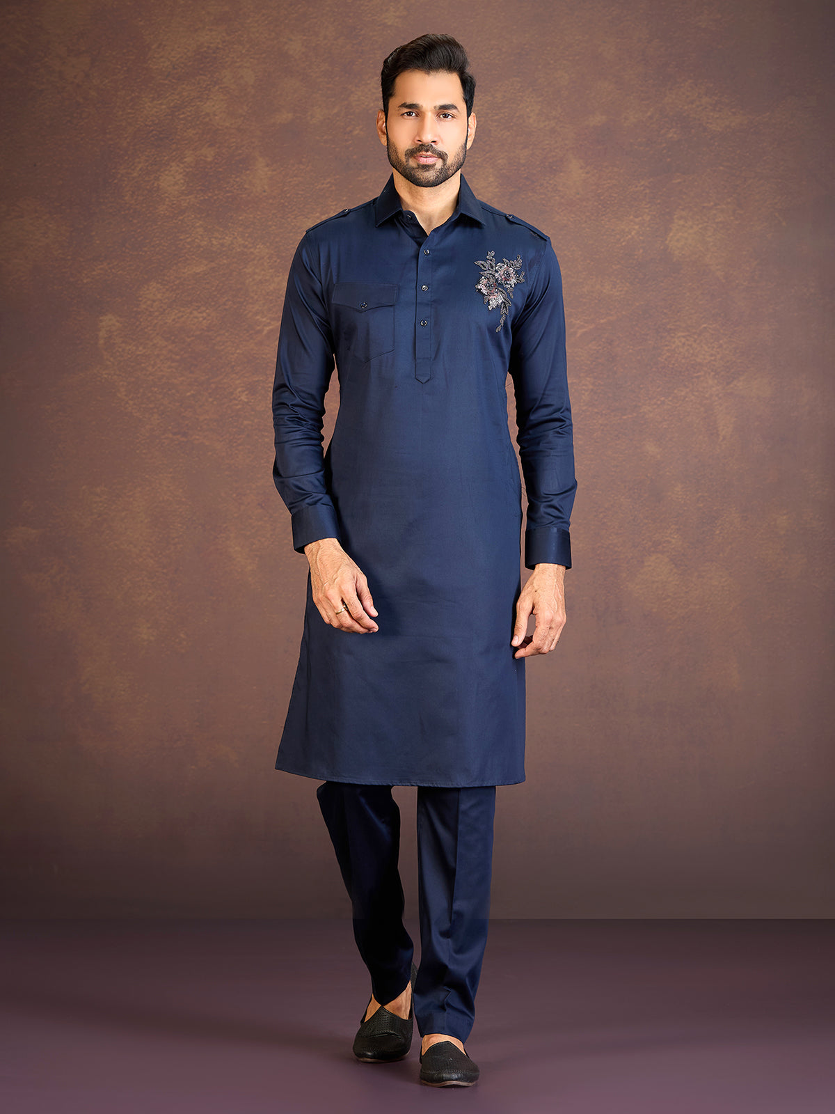 Navy satin cotton lycra pathani suit for fetive celebration