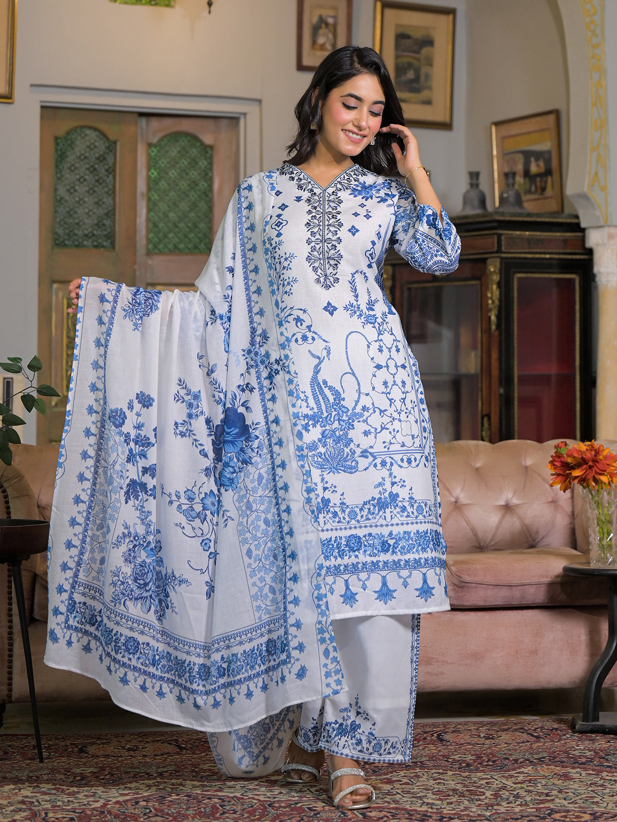 White cotton linen floral printed kurti set with dupatta