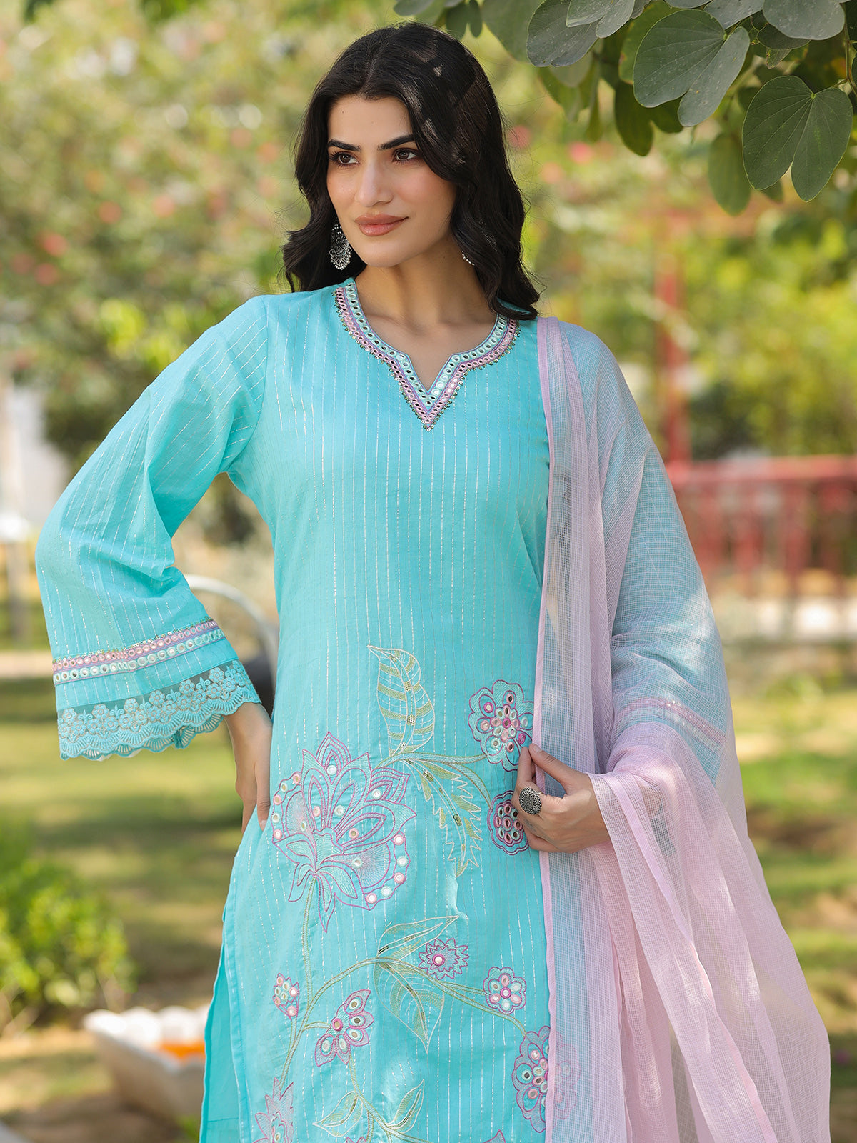 Aqua blue cotton silk pakistani style festive palazzo set
