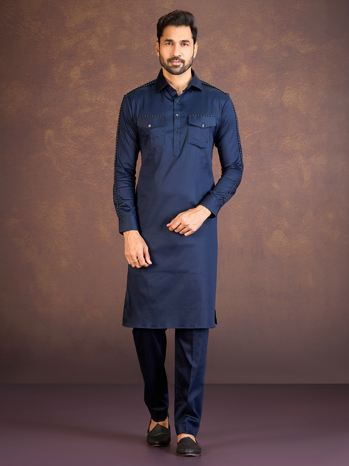 Navy satin cotton lycra pathani suit for men