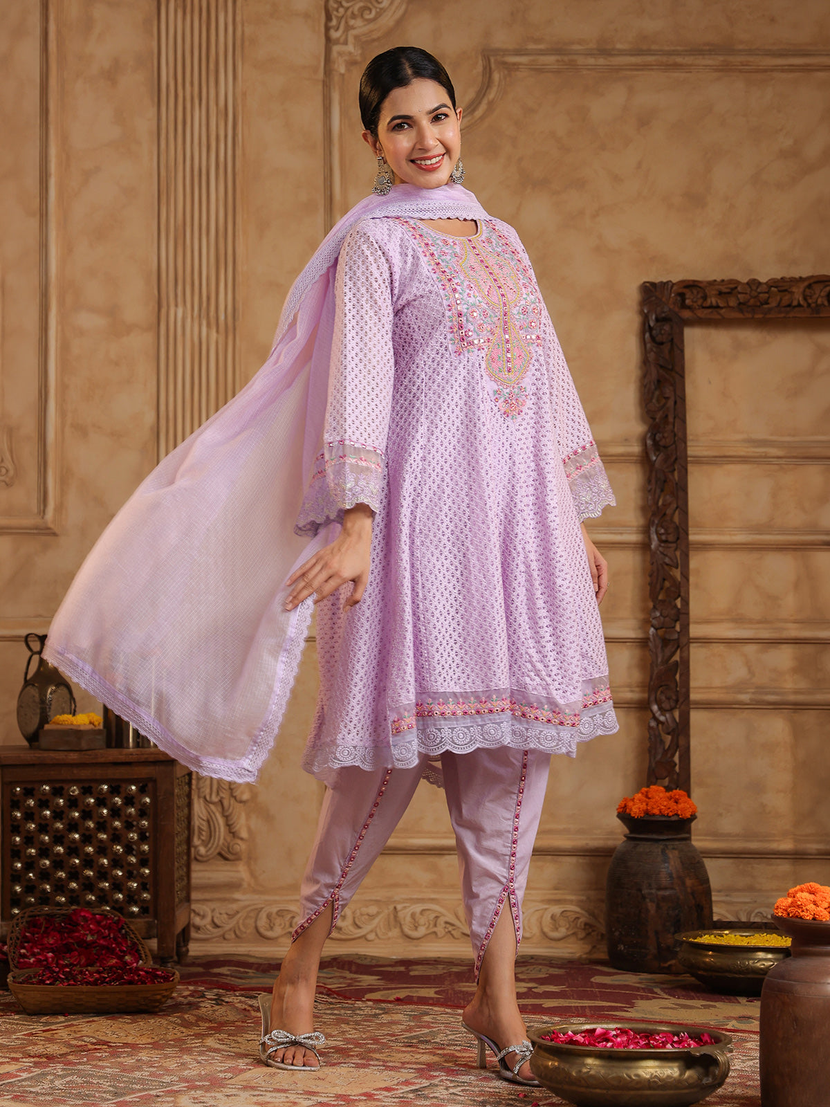 Lilac purple festive schiffli net dhoti set with dupatta